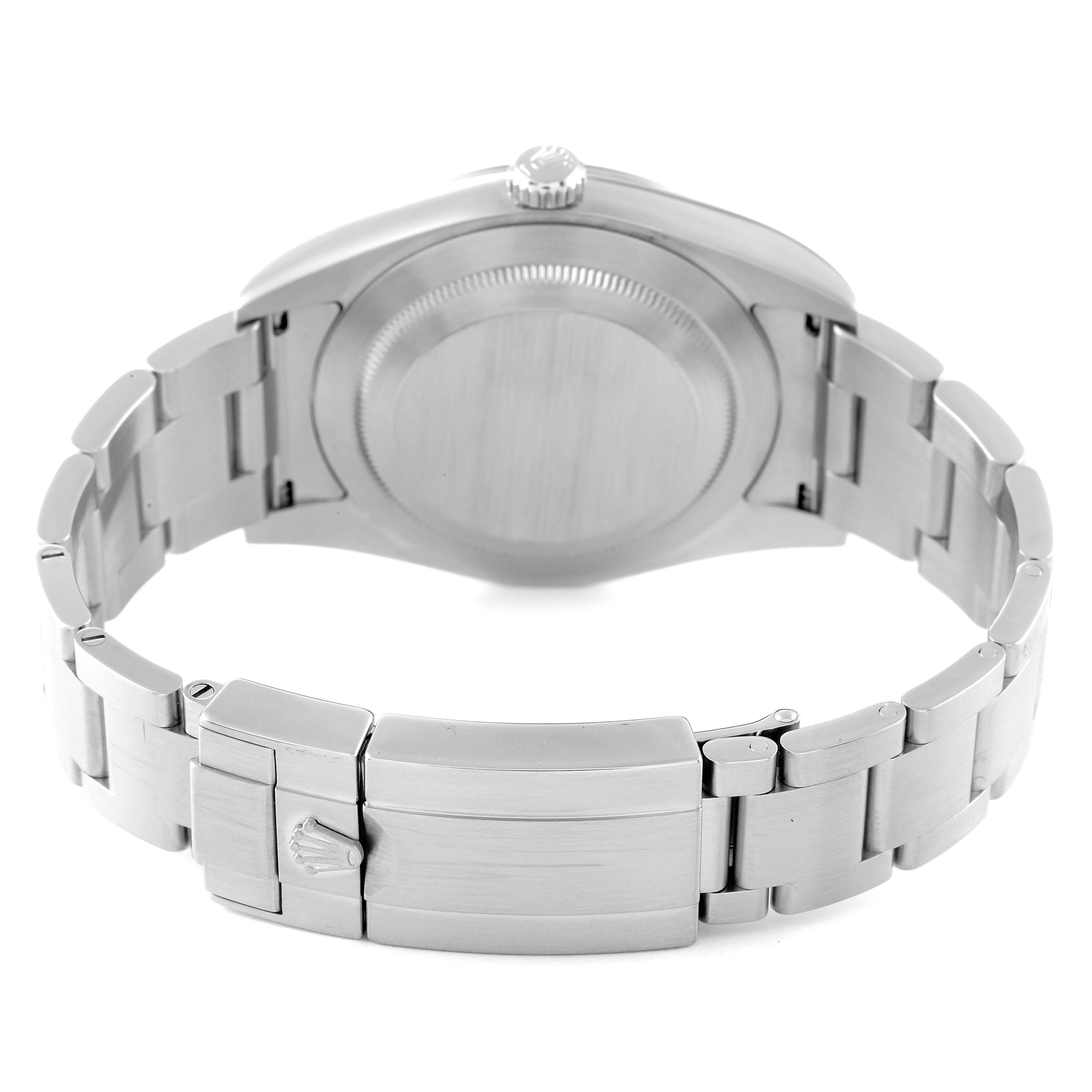 This image shows the back and clasp of a Rolex Explorer 214270 Men
s Stainless Steel Black Dial 214270 Men
s Stainless Steel Black Dial watch, highlighting its stainless steel bracelet and case back.