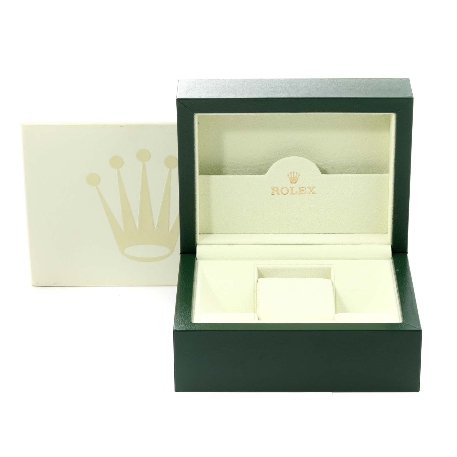 A green and beige Rolex Explorer 214270 Men
s Stainless Steel Black Dial 214270 Men
s Stainless Steel Black Dial watch box is shown, with the interior and lid displayed open, alongside an outer box.