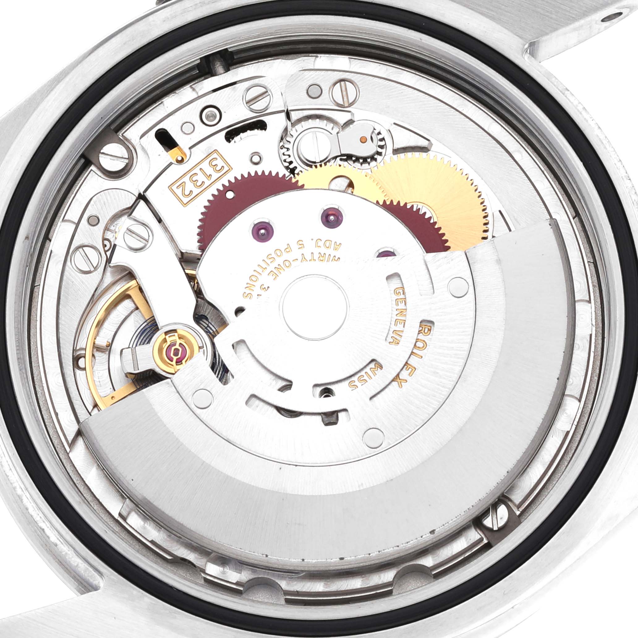 This image shows the internal movement of the Rolex Explorer 214270 Men
s Stainless Steel Black Dial 214270 Men
s Stainless Steel Black Dial model from a close-up angle, featuring gear components and intricate mechanics.