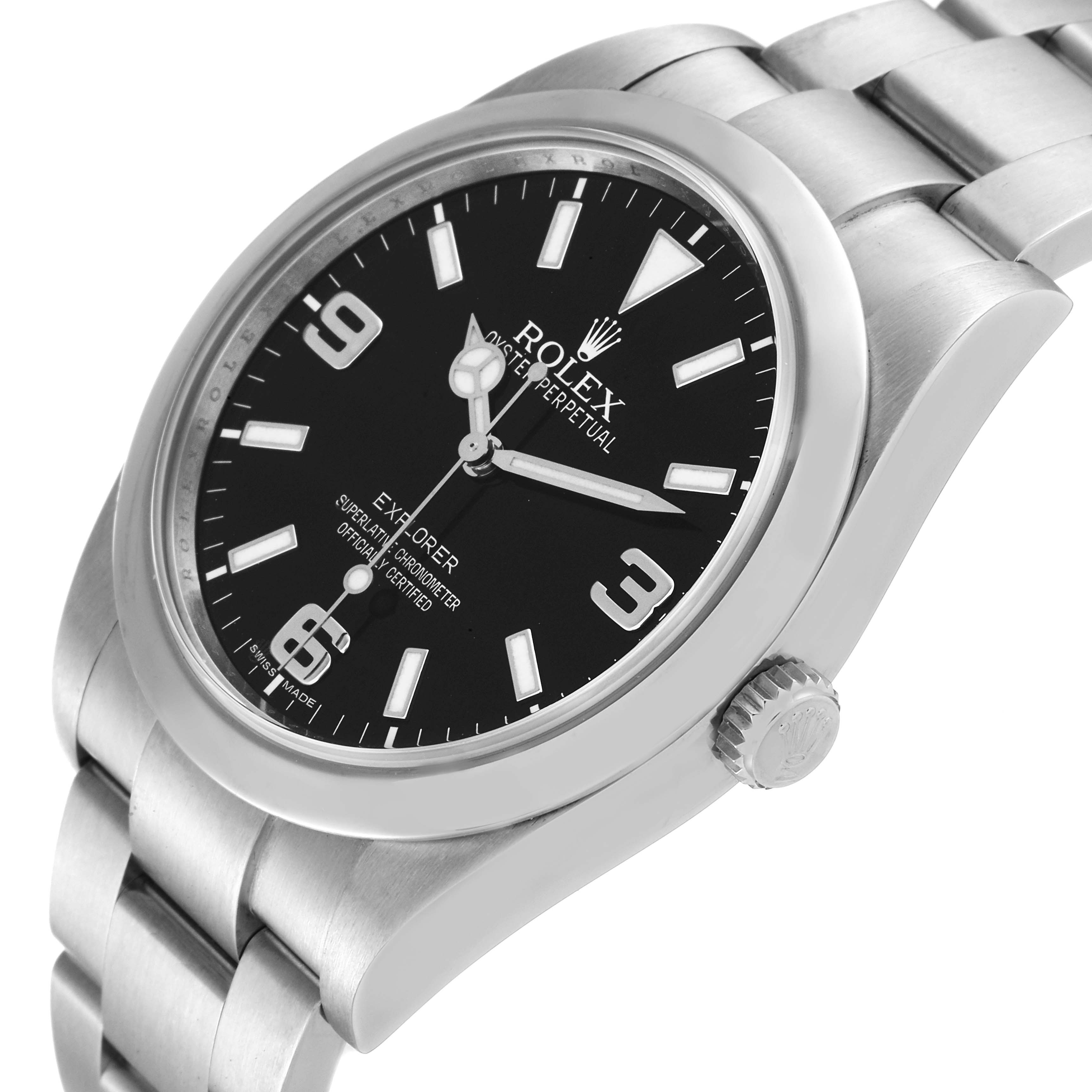 The image shows the face and part of the band of a Rolex Explorer 214270 Men
s Stainless Steel Black Dial 214270 Men
s Stainless Steel Black Dial watch at a slight angle.