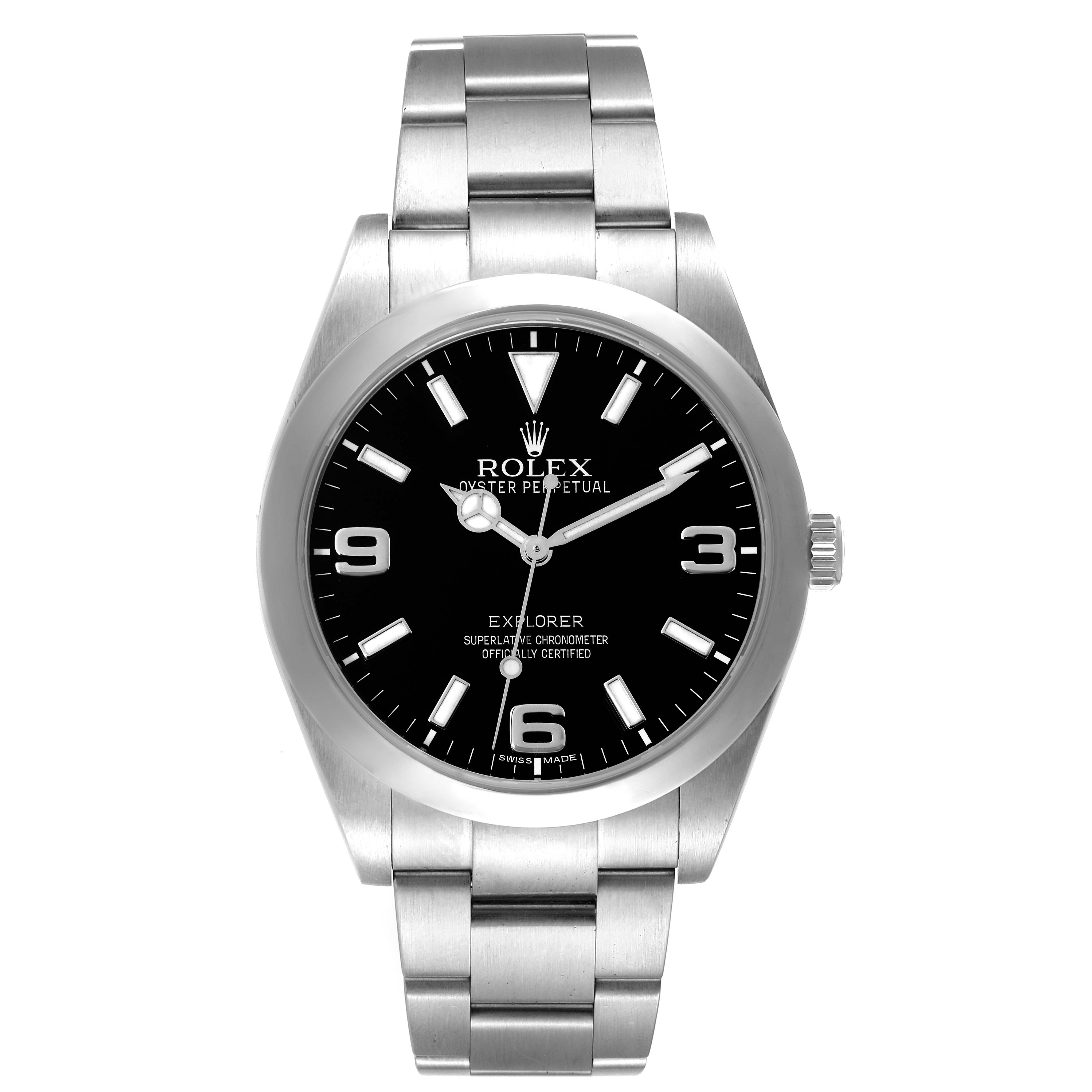 This image shows a front view of the Rolex Explorer 214270 Men
s Stainless Steel Black Dial 214270 Men
s Stainless Steel Black Dial watch, highlighting its black dial, hour markers, and stainless steel bracelet.