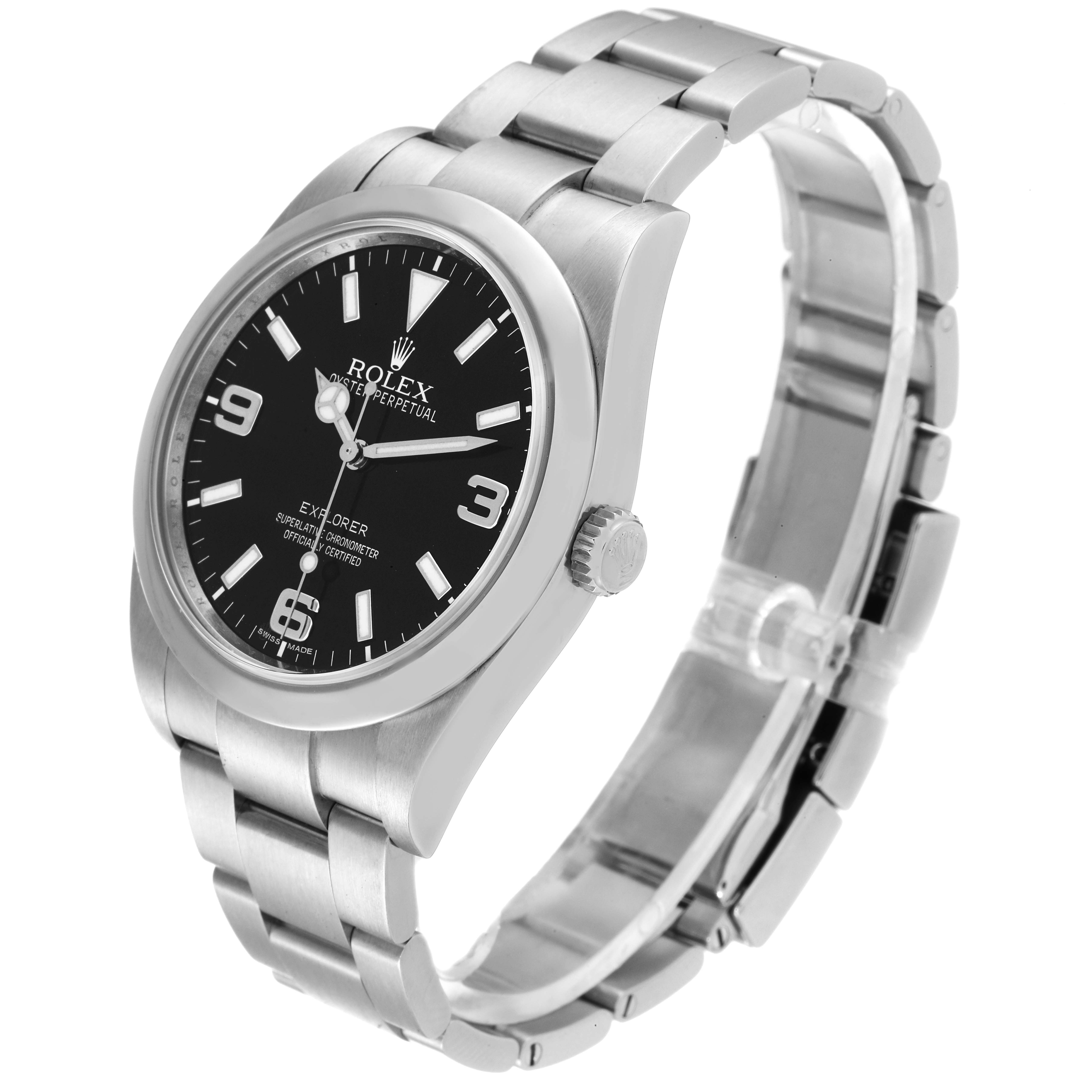 The image shows a Rolex Explorer 214270 Men
s Stainless Steel Black Dial 214270 Men
s Stainless Steel Black Dial watch at a slight angle, highlighting its black dial, stainless steel case, and link bracelet.