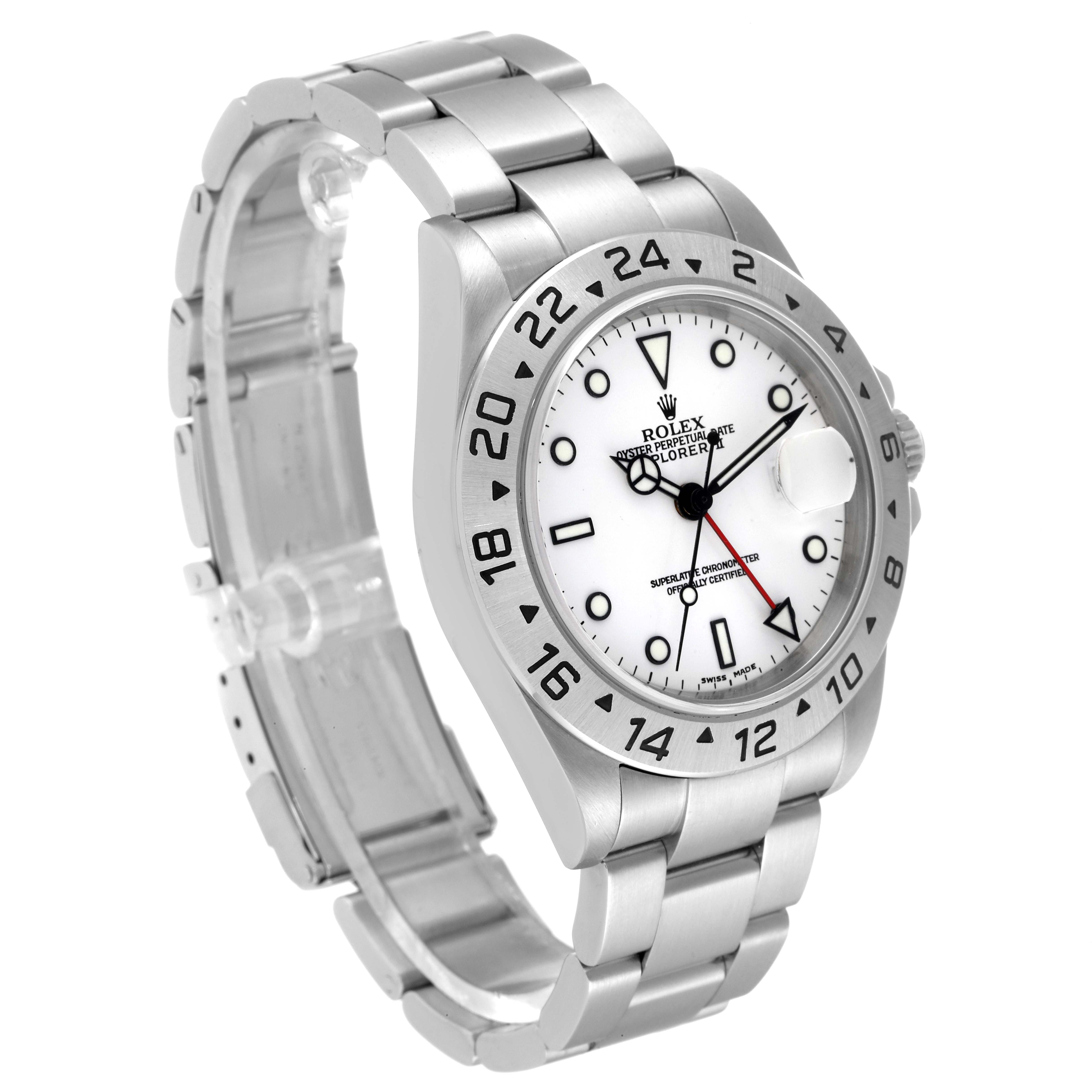 The Rolex Explorer 16570 Men's Stainless Steel White Dial 16570 Men's Stainless Steel White Dial watch is shown at a slight angle, displaying the face, bezel, and part of the bracelet.