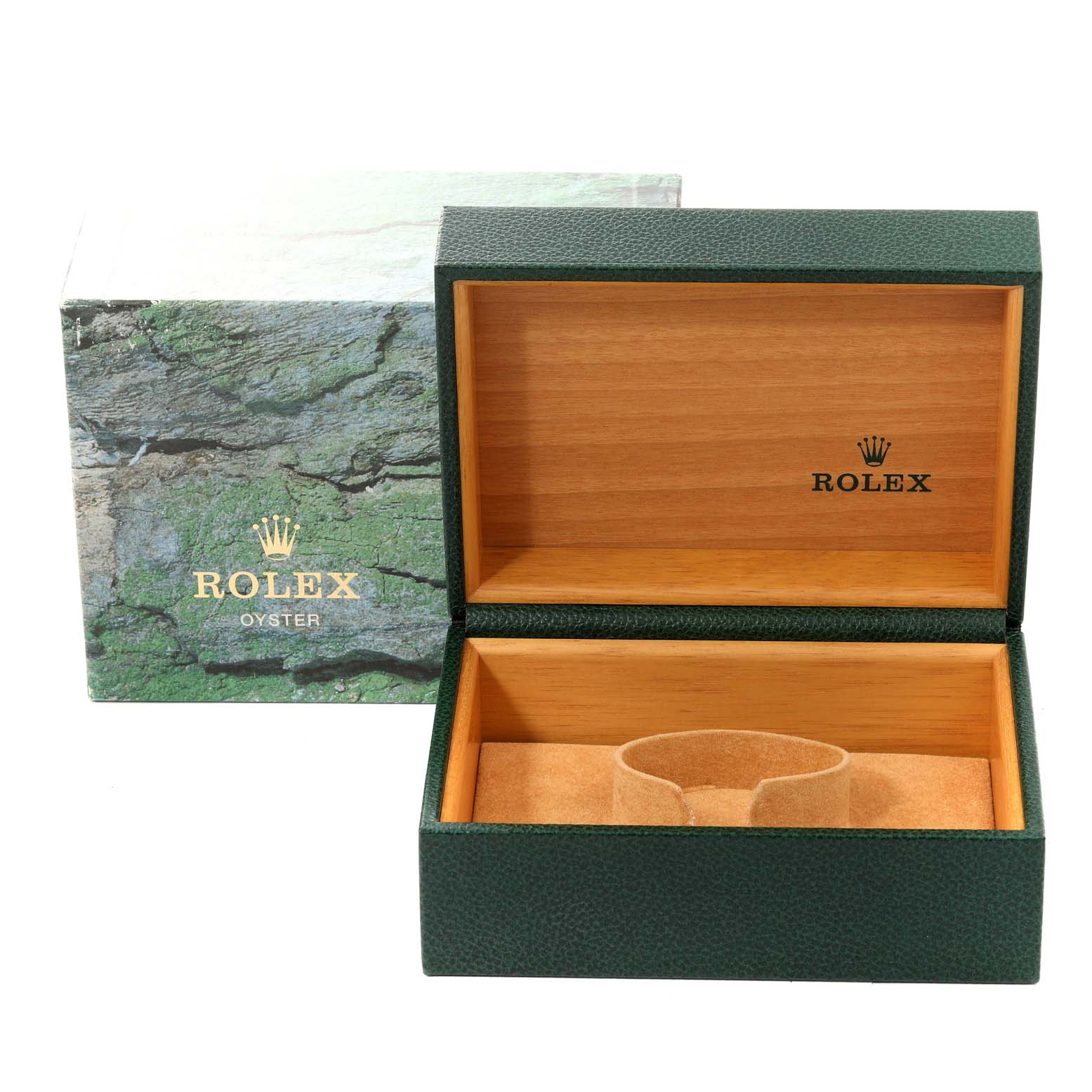 The image shows an open Rolex watch box for the Explorer model, revealing the inner compartment and cushion.