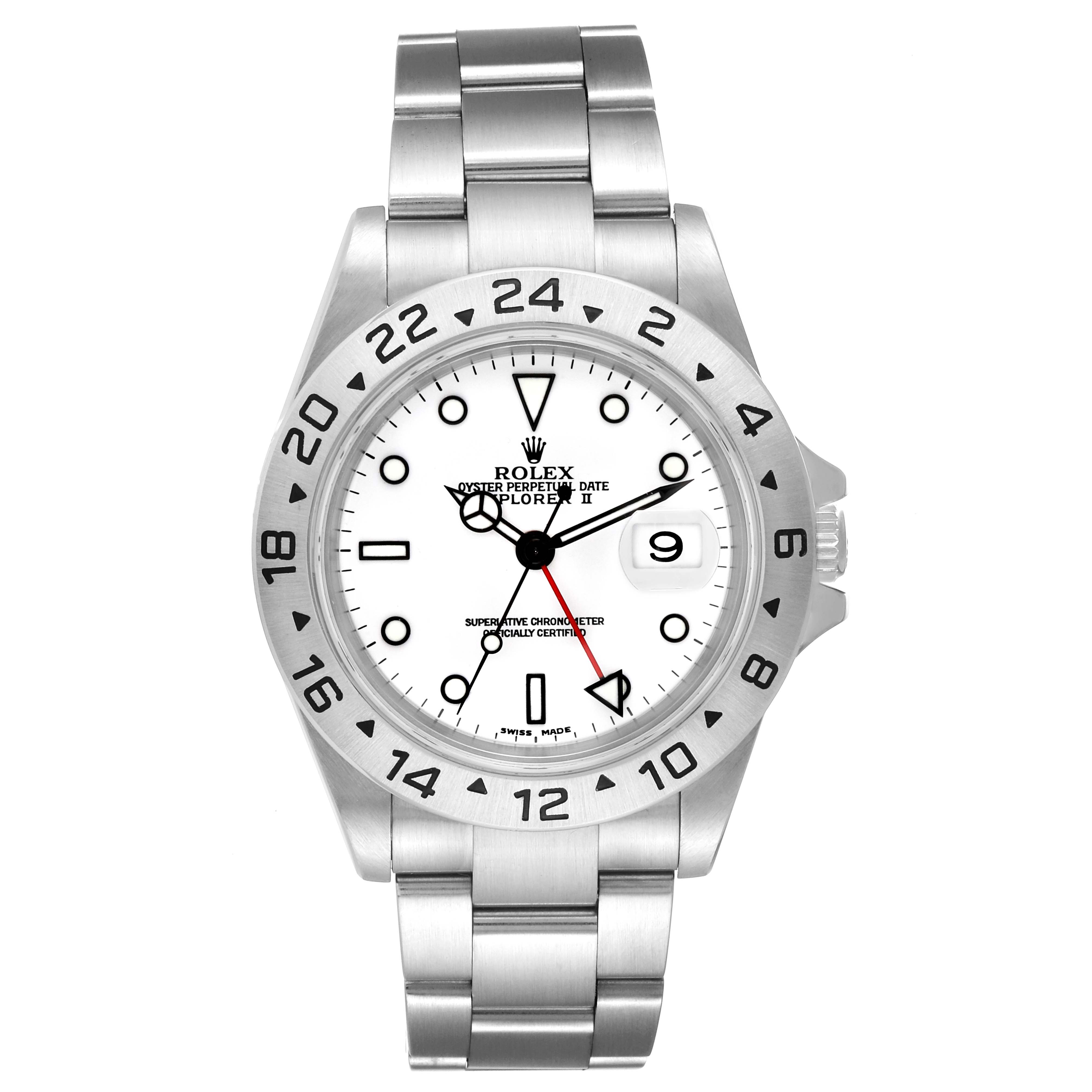 The Rolex Explorer 16570 Men's Stainless Steel White Dial 16570 Men's Stainless Steel White Dial watch is shown from the front, displaying its dial, bezel, bracelet, and crown.