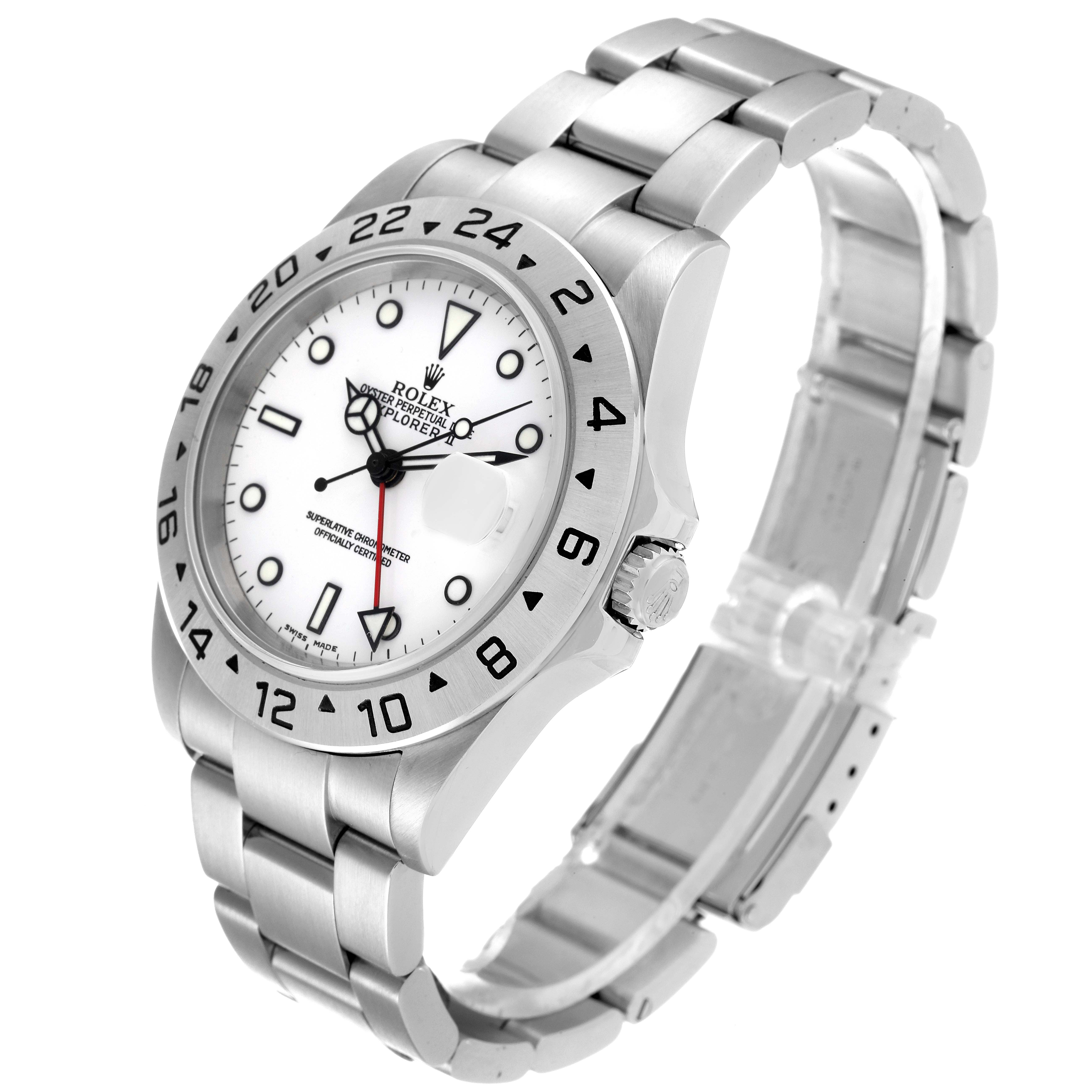 The image shows a Rolex Explorer 16570 Men's Stainless Steel White Dial 16570 Men's Stainless Steel White Dial model watch at an angle highlighting the face, bezel, bracelet, and partially open clasp.