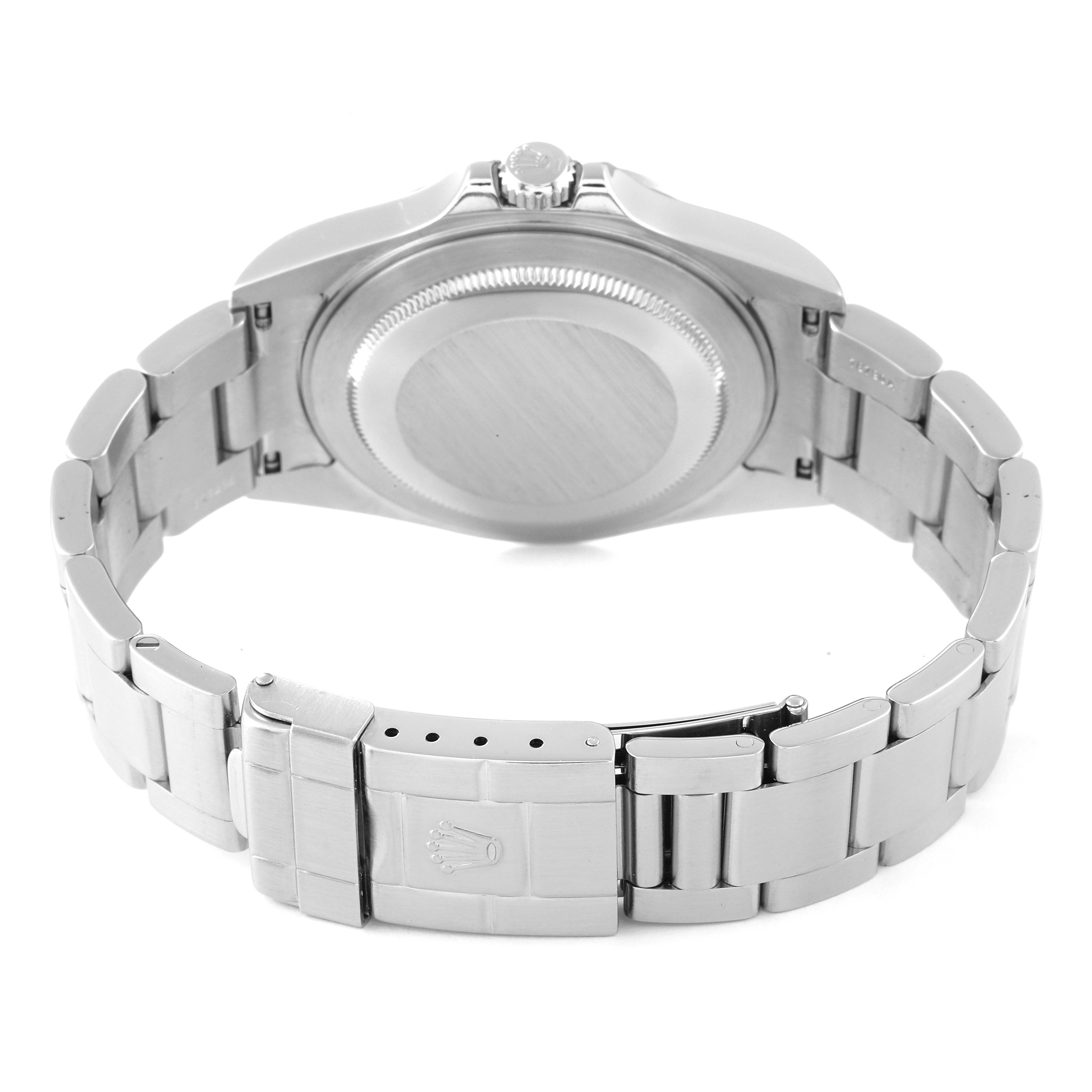 This image shows the back view of a Rolex Explorer 16570 Men's Stainless Steel White Dial 16570 Men's Stainless Steel White Dial watch, highlighting the case back and bracelet clasp.