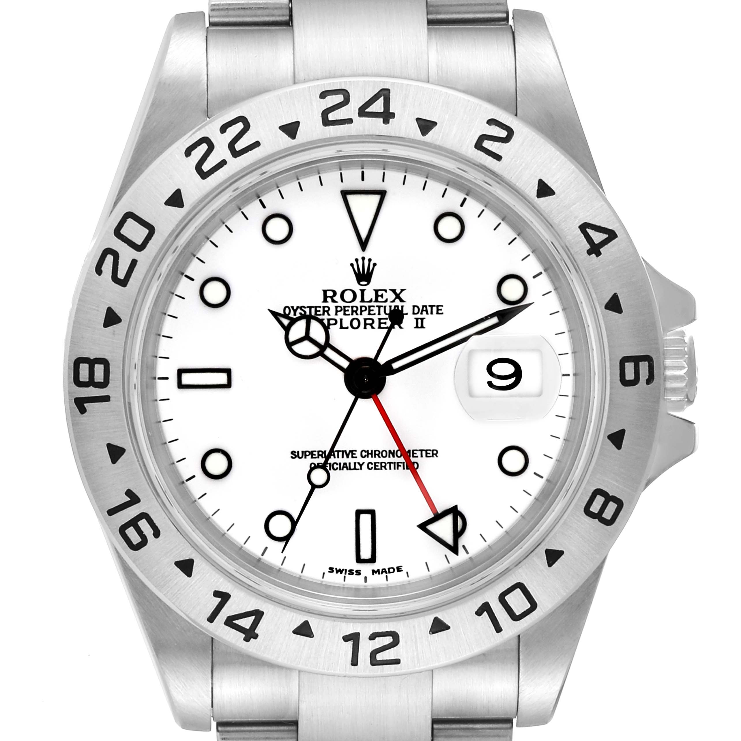 The image shows a front view of the Rolex Explorer 16570 Men's Stainless Steel White Dial 16570 Men's Stainless Steel White Dial watch, highlighting the bezel, dial, hands, and bracelet.