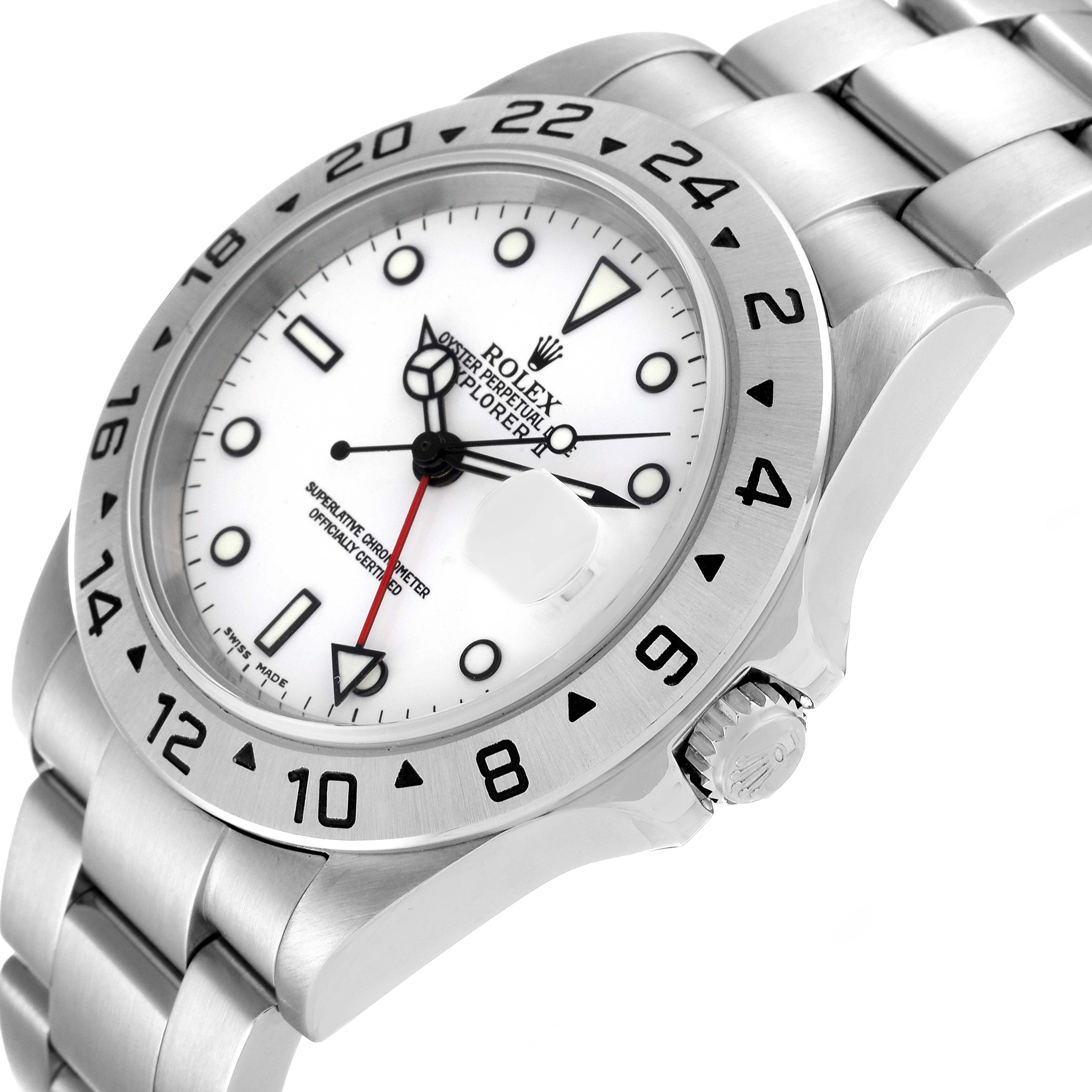 This image shows a side angle of the Rolex Explorer 16570 Men's Stainless Steel White Dial 16570 Men's Stainless Steel White Dial watch, highlighting its white dial, bezel, crown, and part of the bracelet.