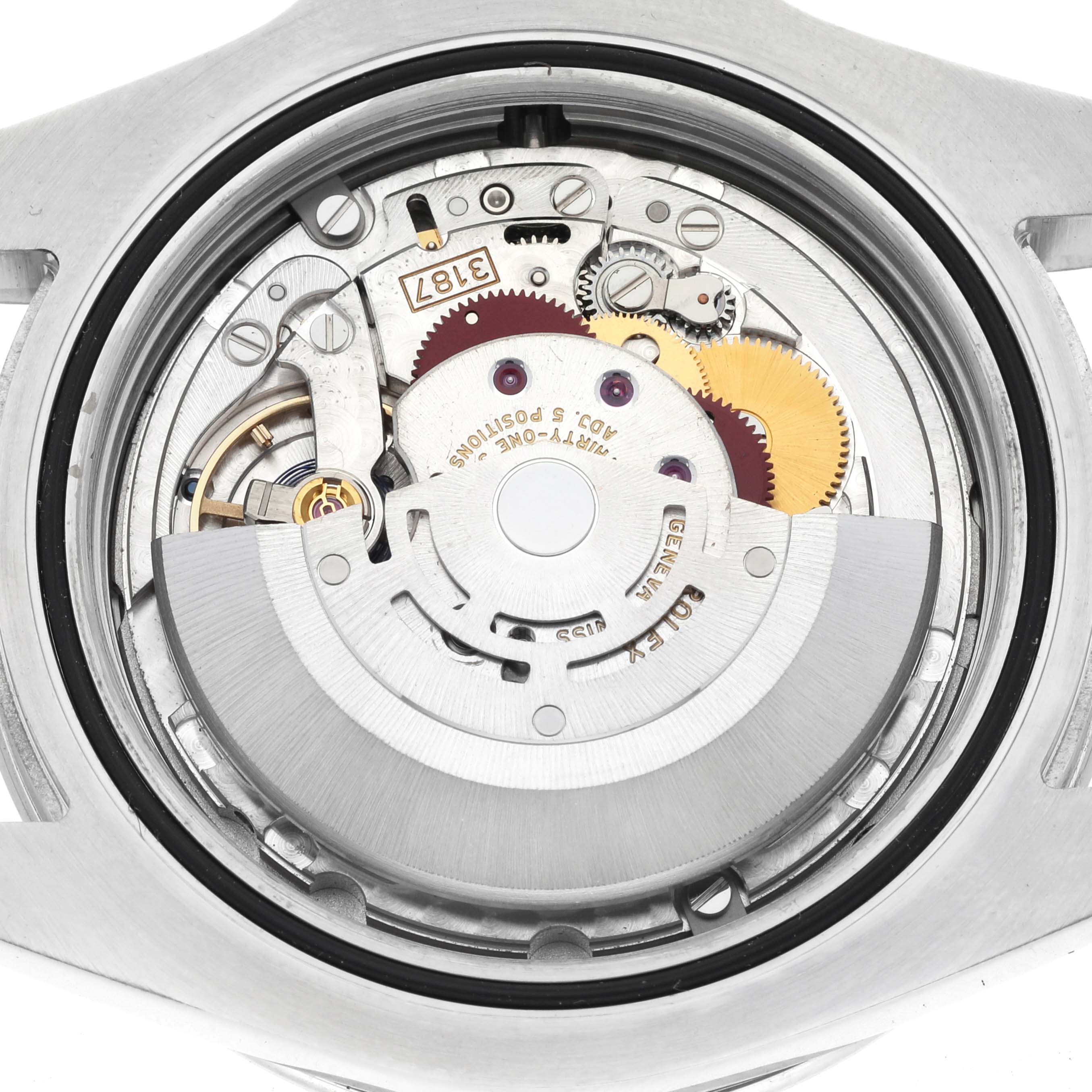 This image shows the open case back of a Rolex Explorer 216570 Men
s Stainless Steel Black Dial 216570 Men
s Stainless Steel Black Dial, displaying its intricate mechanical movement components.