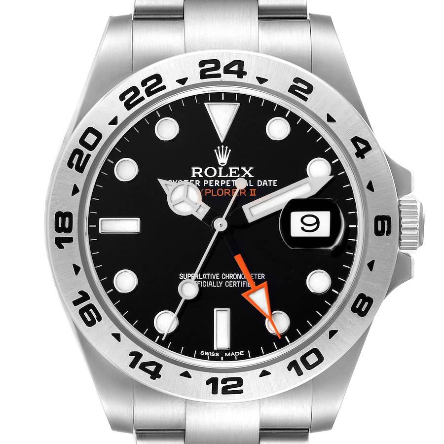 The Rolex Explorer watch is shown from a top view, highlighting the dial, bezel, and part of the bracelet.