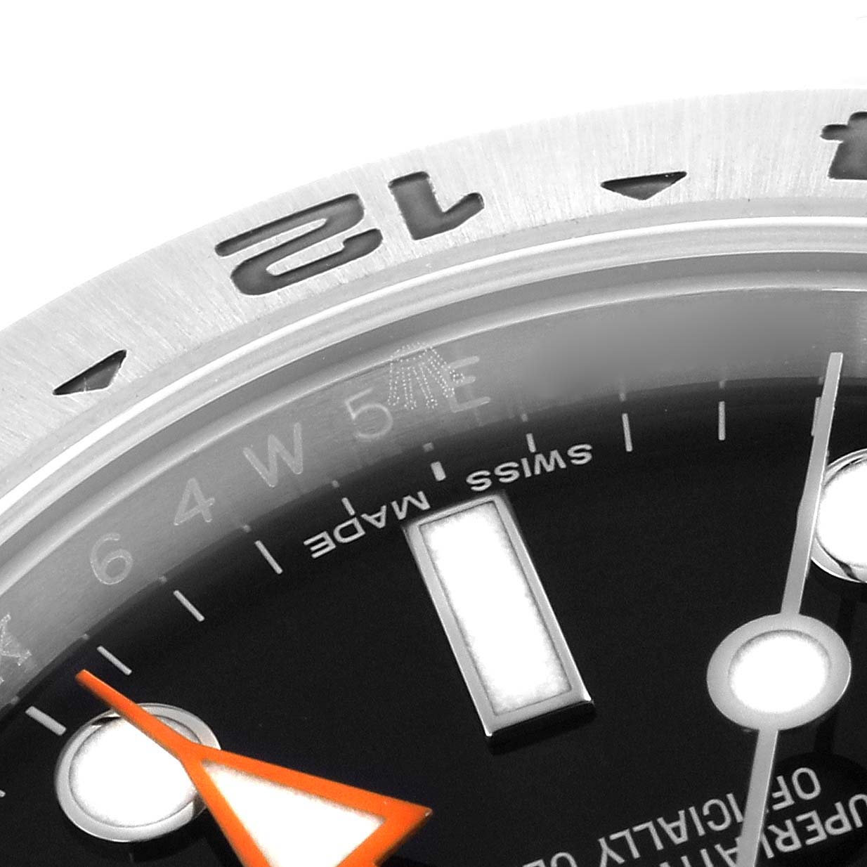 The image shows a close-up of the Rolex Explorer 216570 Men
s Stainless Steel Black Dial 216570 Men
s Stainless Steel Black Dial
s dial, hands, and part of the bezel.