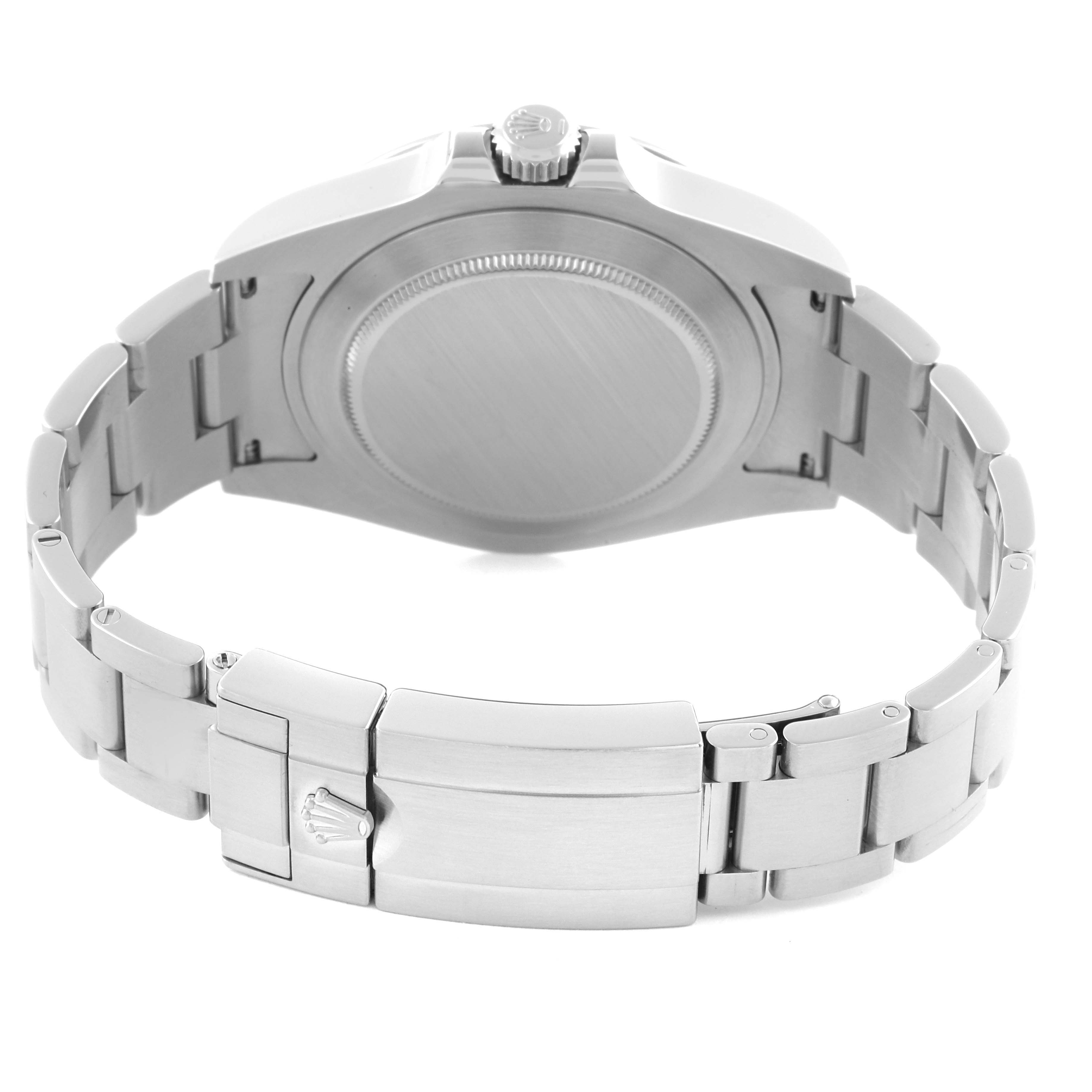 The image shows the back view of a Rolex Explorer 216570 Men
s Stainless Steel Black Dial 216570 Men
s Stainless Steel Black Dial watch, focusing on the case back and bracelet clasp.