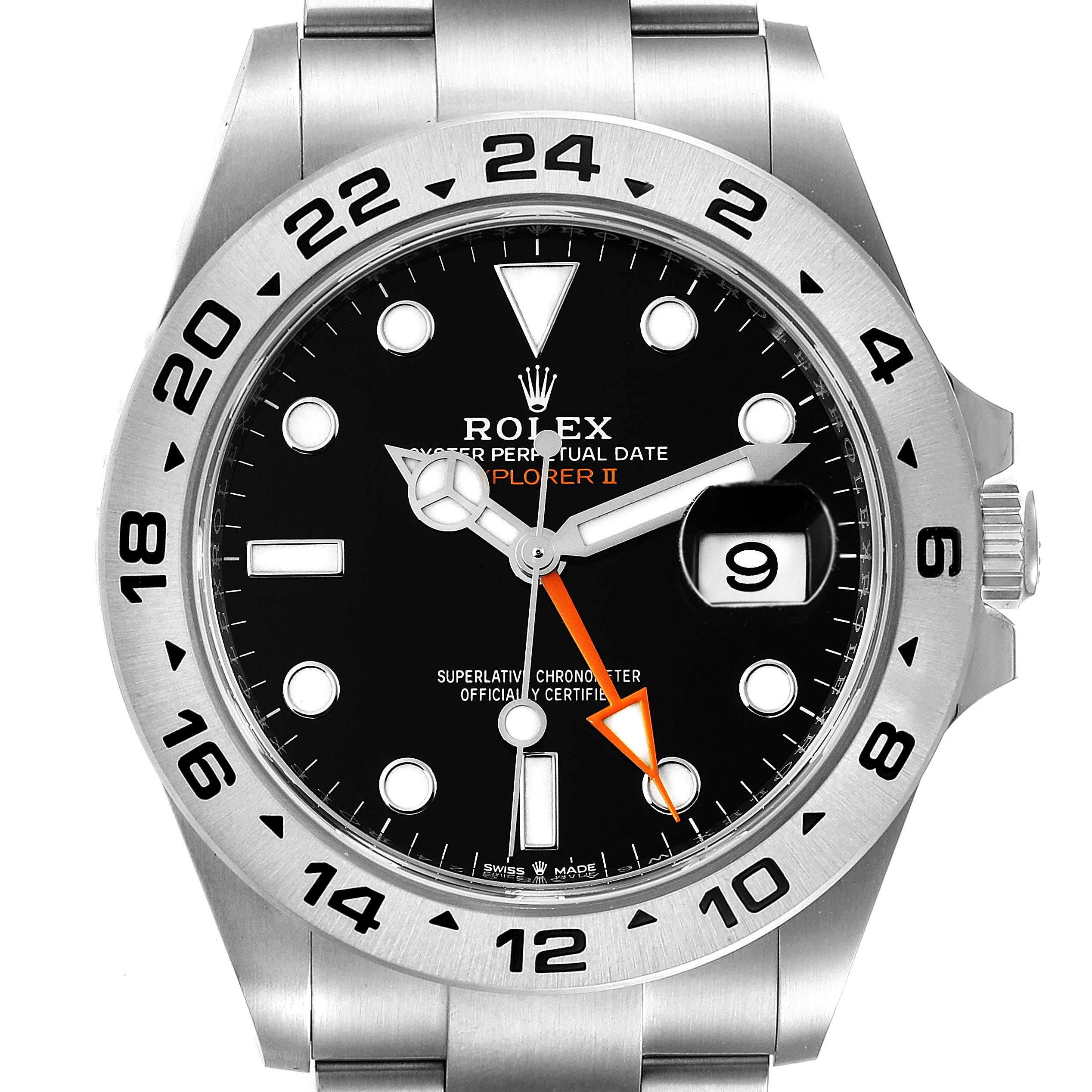 The Rolex Explorer 226570 Men's Stainless Steel Black Dial 226570 Men's Stainless Steel Black Dial watch is shown from a frontal view, displaying the dial, hands, and bezel.