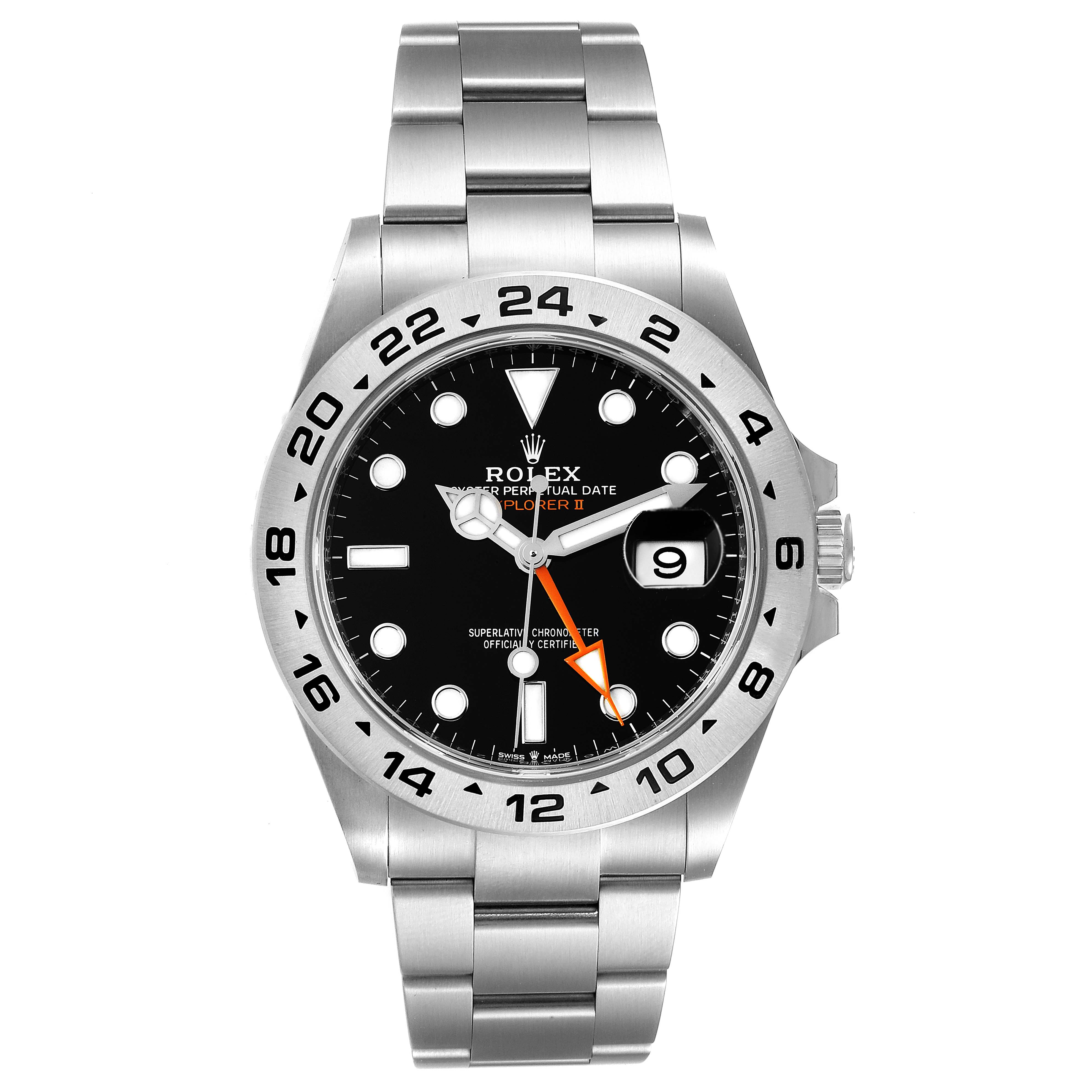 The Rolex Explorer 226570 Men's Stainless Steel Black Dial 226570 Men's Stainless Steel Black Dial watch is shown from a frontal angle, displaying the entire dial, bezel, and bracelet.