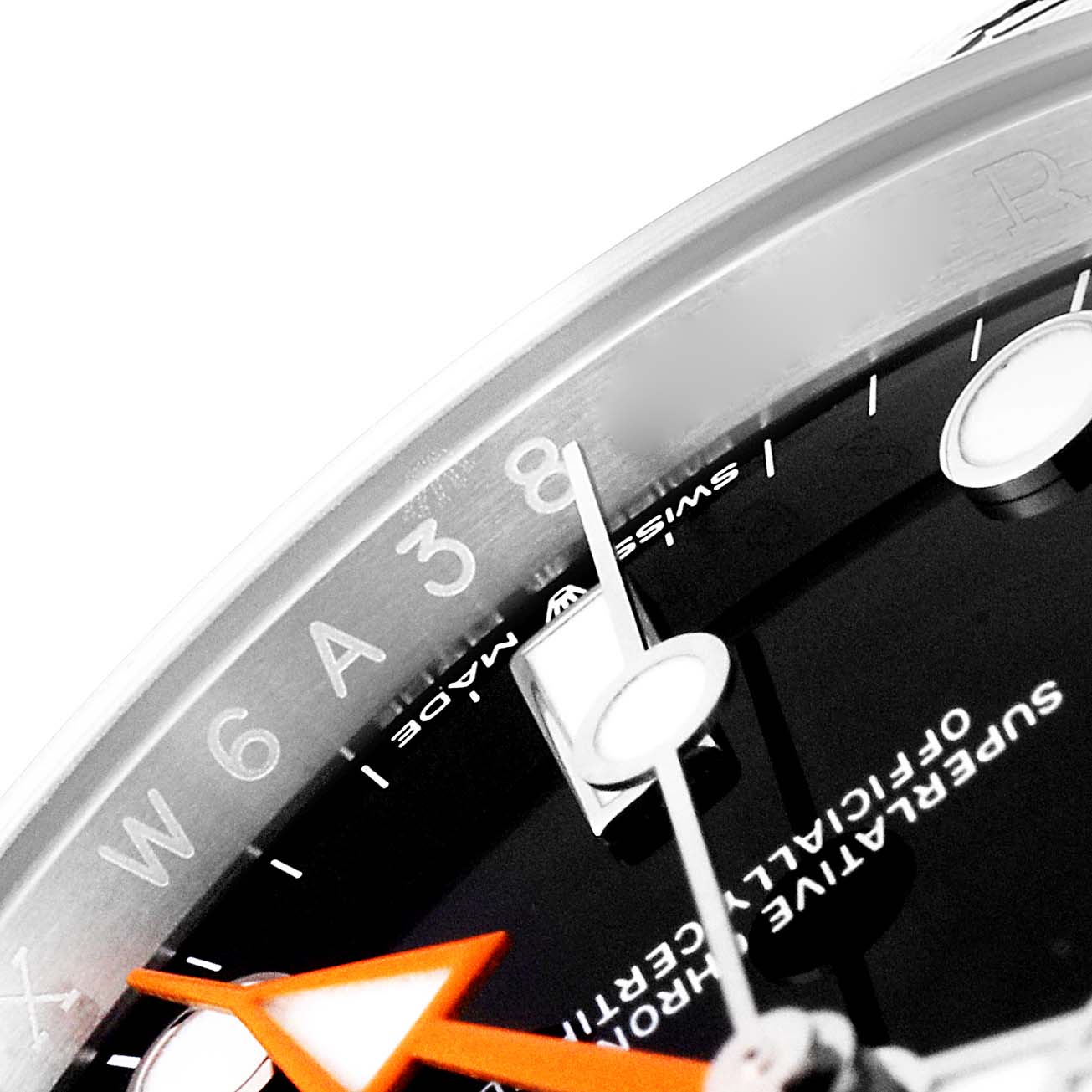 This image shows a close-up of the dial, minute markers, and part of the bezel of the Rolex Explorer 226570 Men's Stainless Steel Black Dial 226570 Men's Stainless Steel Black Dial watch.