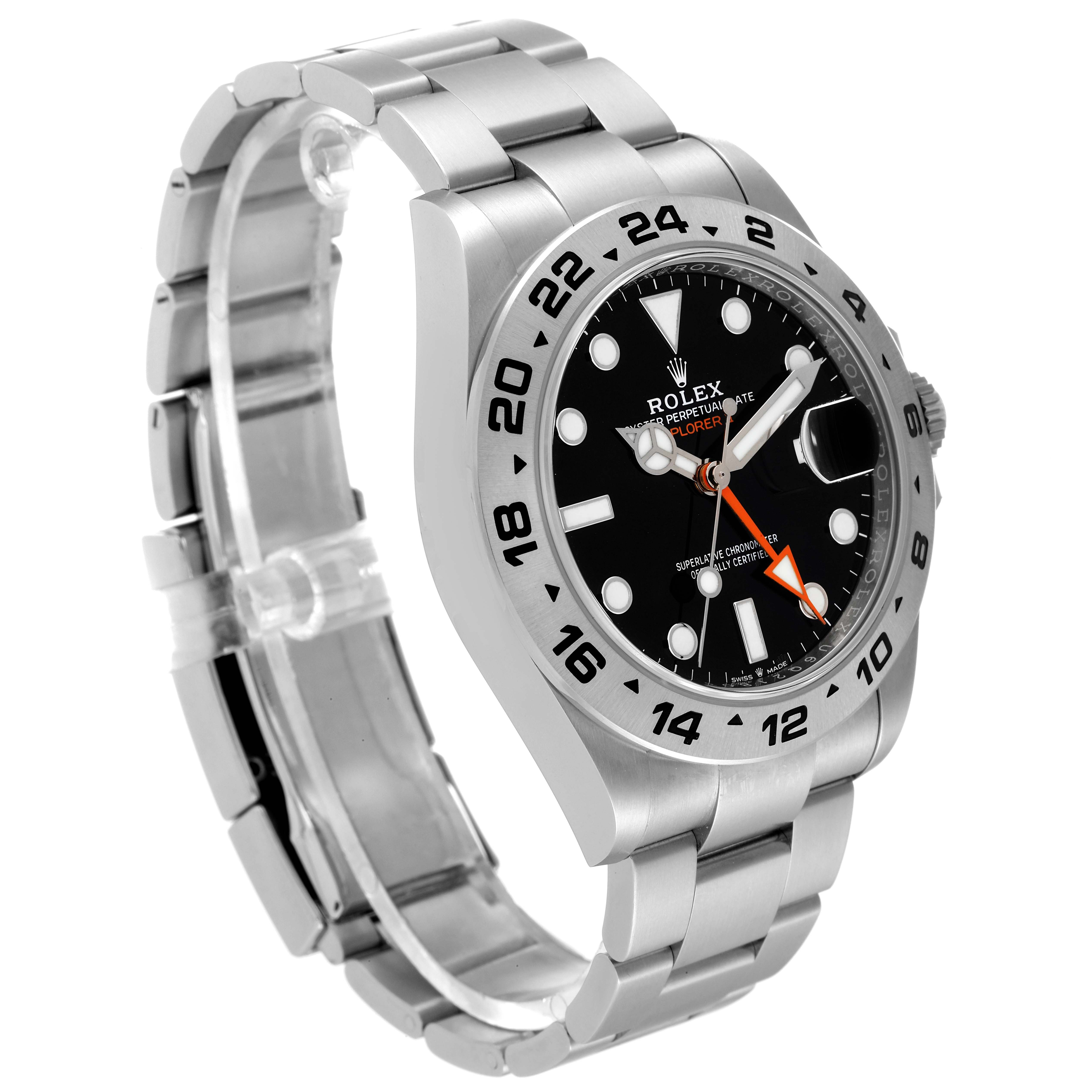 The image shows a Rolex Explorer 226570 Men
s Stainless Steel Black Dial 226570 Men
s Stainless Steel Black Dial watch from an angled side view, highlighting the bracelet, dial, and bezel.