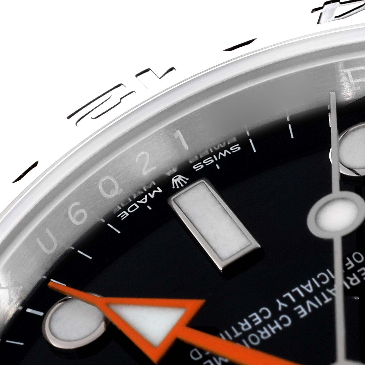 The image shows a close-up angle of the dial, hour marker, and orange hand of a Rolex Explorer 226570 Men
s Stainless Steel Black Dial 226570 Men
s Stainless Steel Black Dial watch.