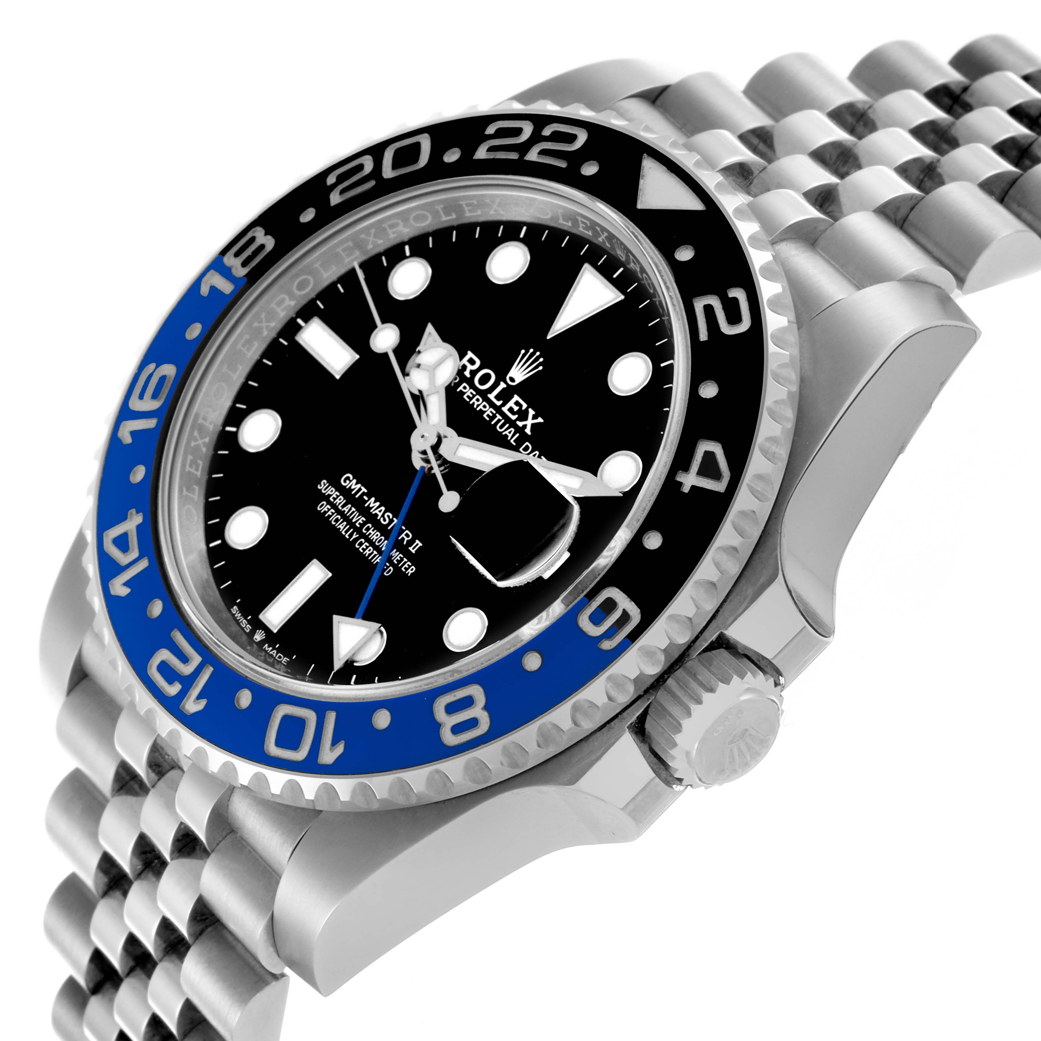 The Rolex GMT-Master 126710 Men
s Stainless Steel Black Dial 126710 Men
s Stainless Steel Black Dial watch is shown at an angled side view, highlighting the bezel, crown, and bracelet.