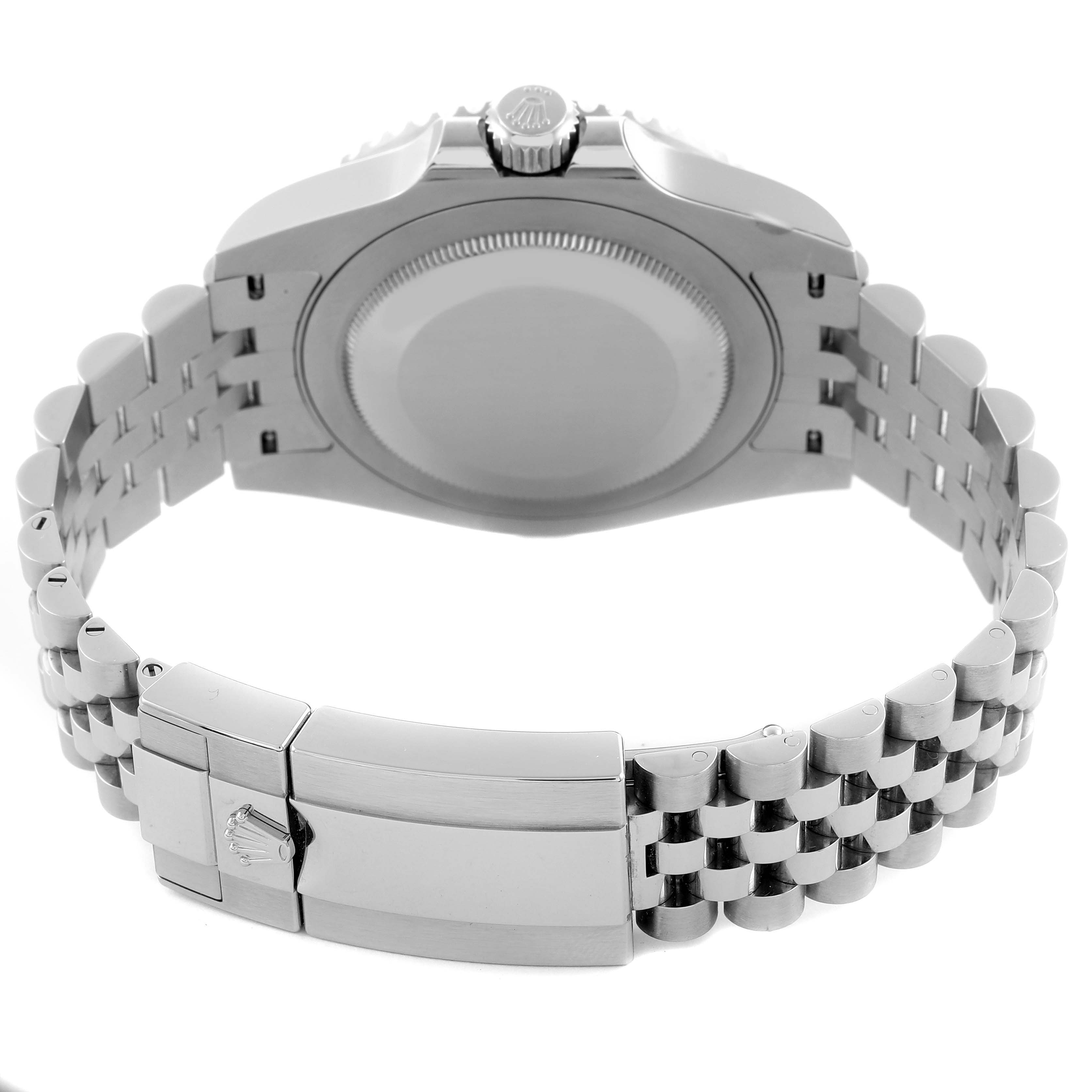 The image shows the back view of the Rolex GMT-Master 126710 Men
s Stainless Steel Black Dial 126710 Men
s Stainless Steel Black Dial, focusing on the case, crown, and bracelet clasp.