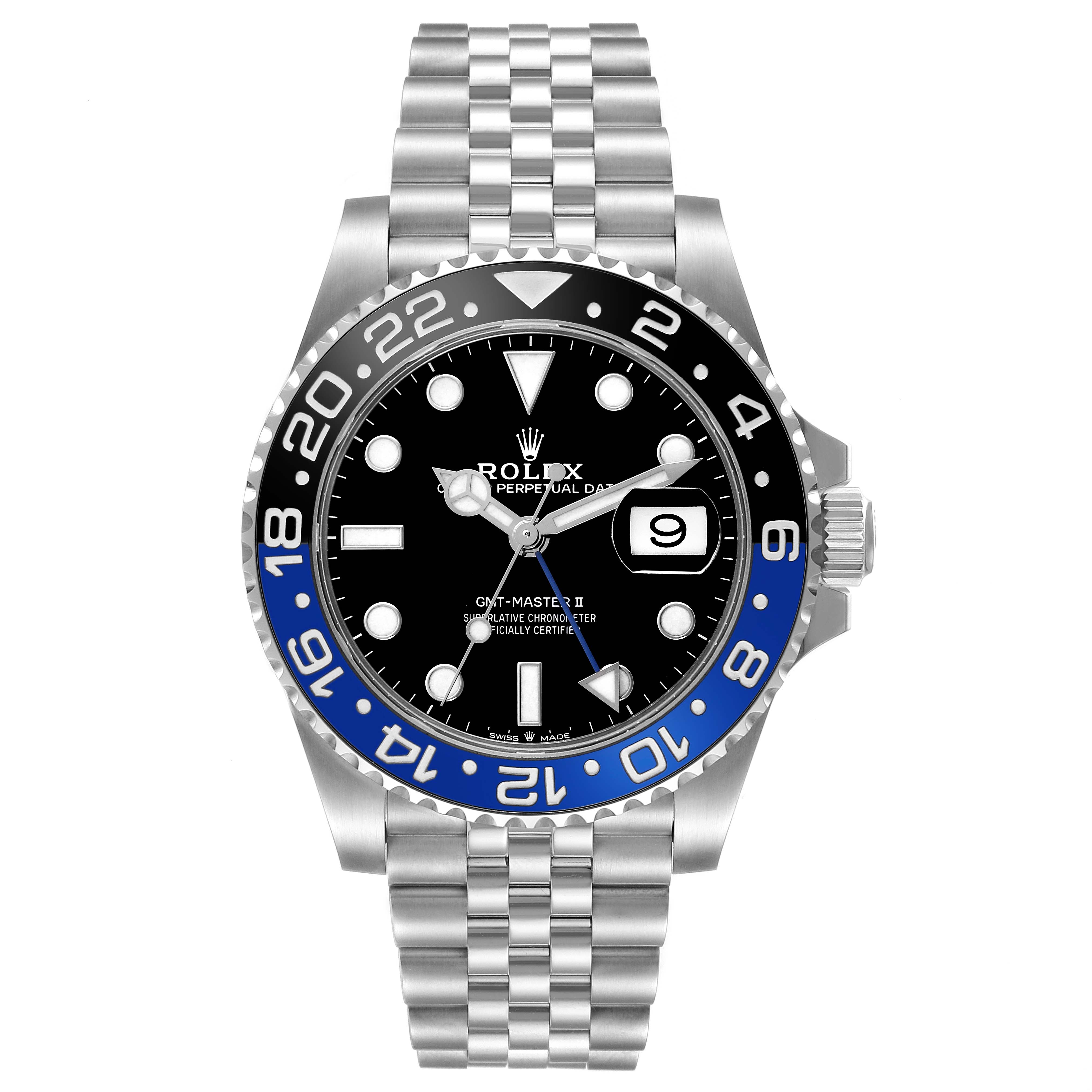 The Rolex GMT-Master 126710 Men
s Stainless Steel Black Dial 126710 Men
s Stainless Steel Black Dial watch is shown from a front angle, featuring the bezel, face, and bracelet.