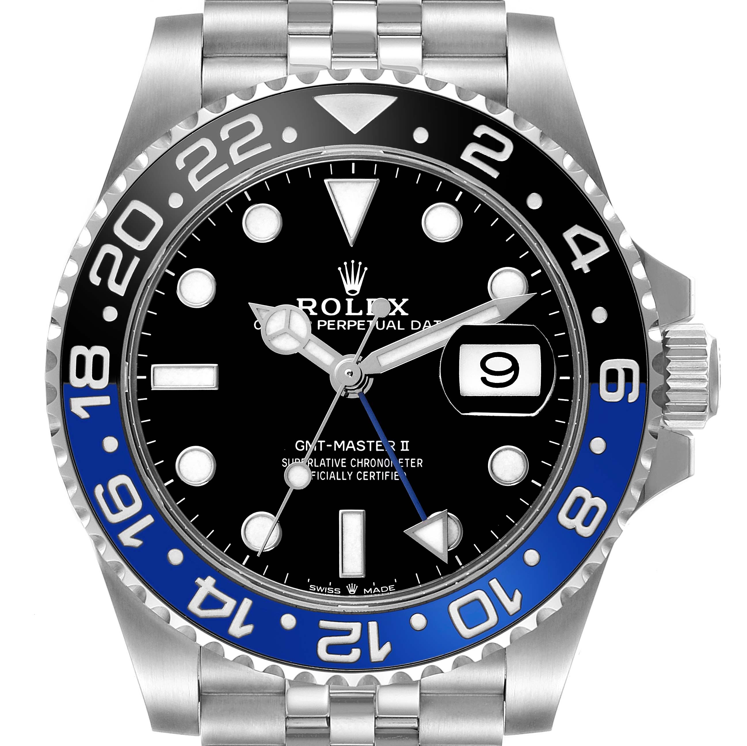 The image shows a frontal view of the Rolex GMT-Master 126710 Men
s Stainless Steel Black Dial 126710 Men
s Stainless Steel Black Dial watch, highlighting the bezel, dial, hands, and bracelet.