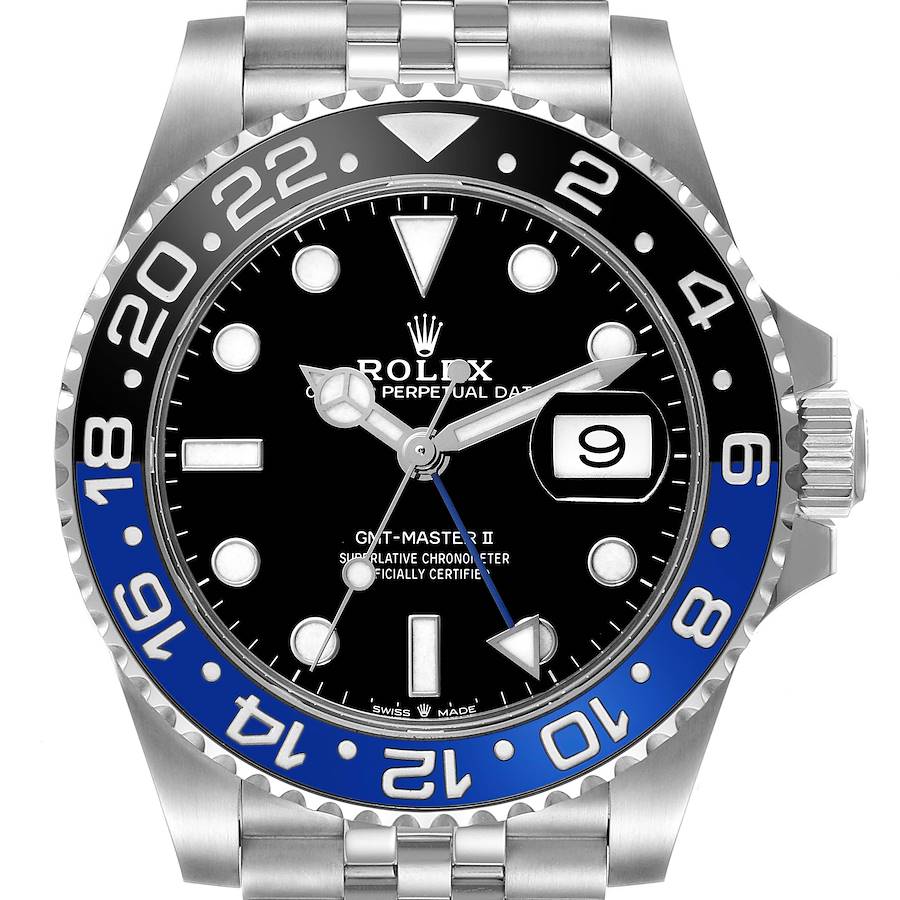 The image shows a frontal view of the Rolex GMT-Master watch, highlighting the bezel, dial, hands, and bracelet.