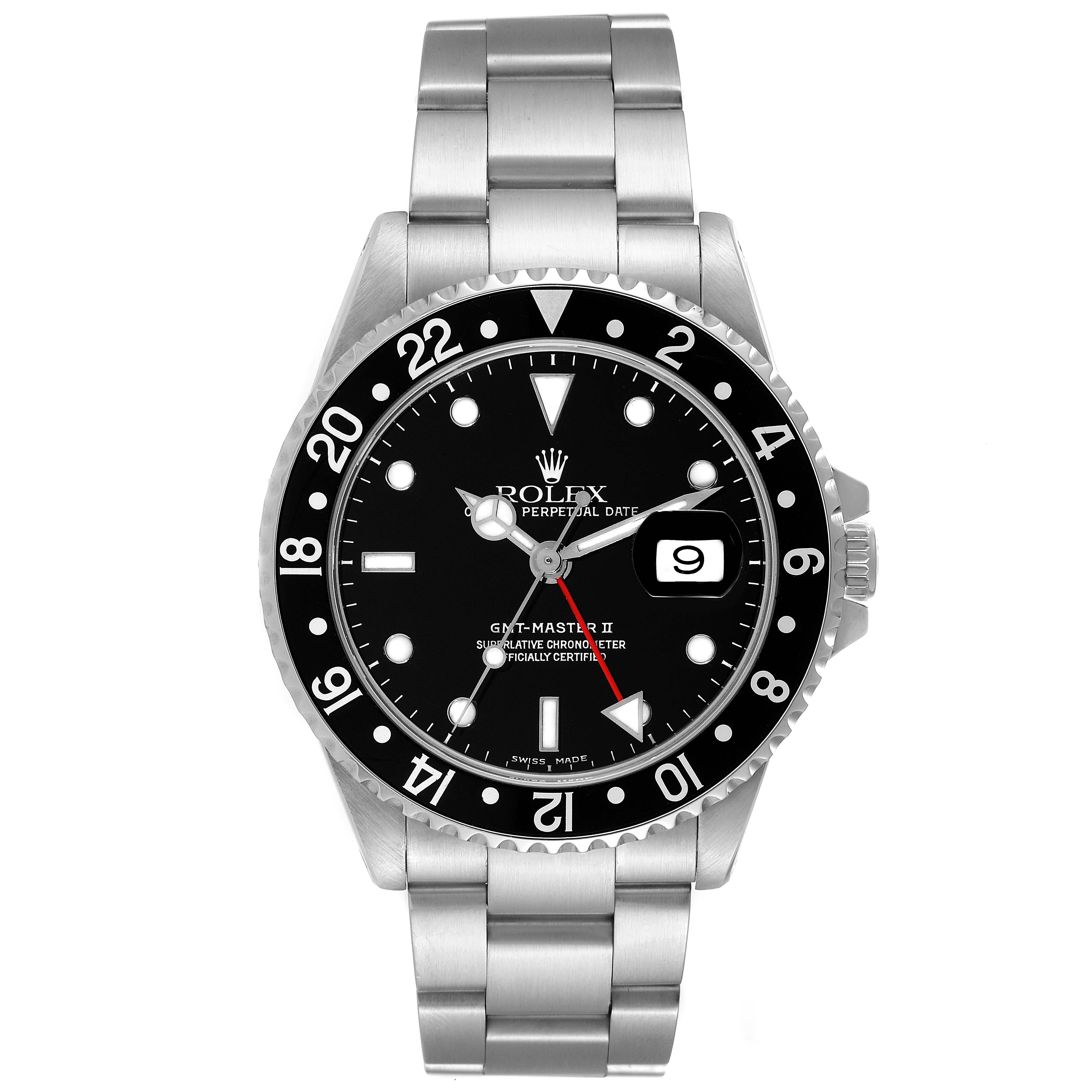 This image shows a front view of a Rolex GMT-Master 16710 Men
s Stainless Steel Black Dial 16710 Men
s Stainless Steel Black Dial II watch with a black dial and stainless steel bracelet.
