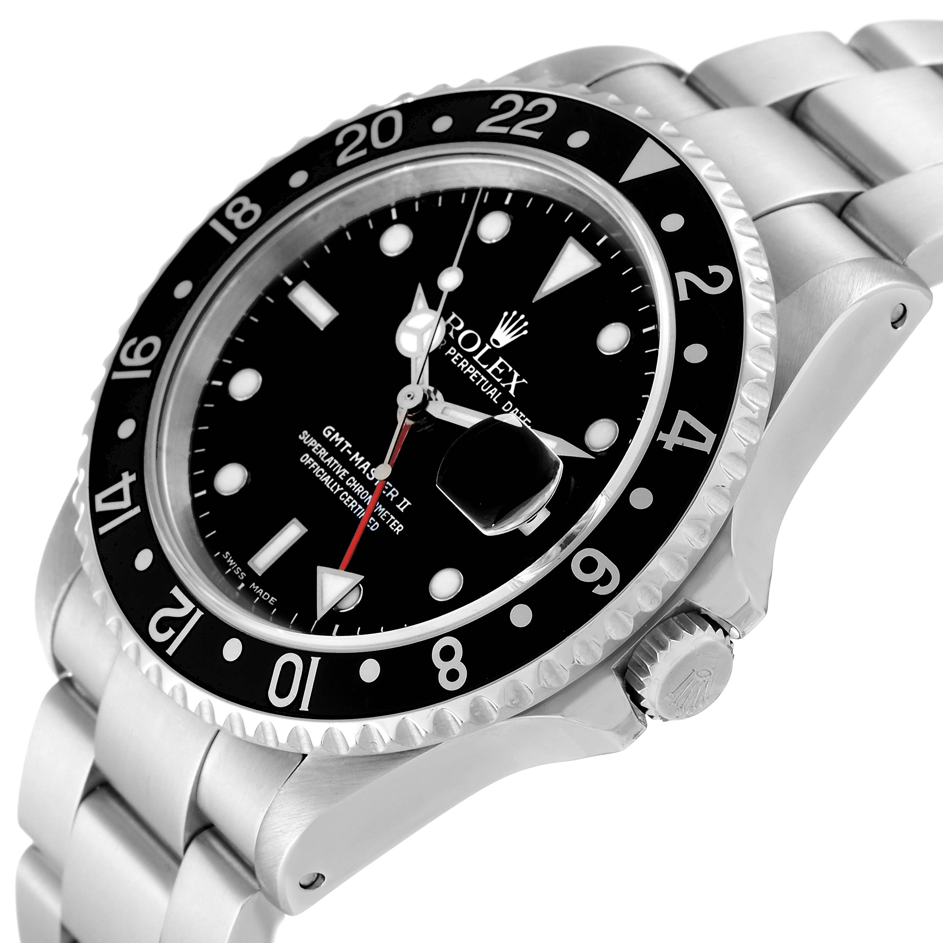 The image shows a side angle of the Rolex GMT-Master 16710 Men
s Stainless Steel Black Dial 16710 Men
s Stainless Steel Black Dial II watch, highlighting the black dial, bezel, and metallic bracelet.