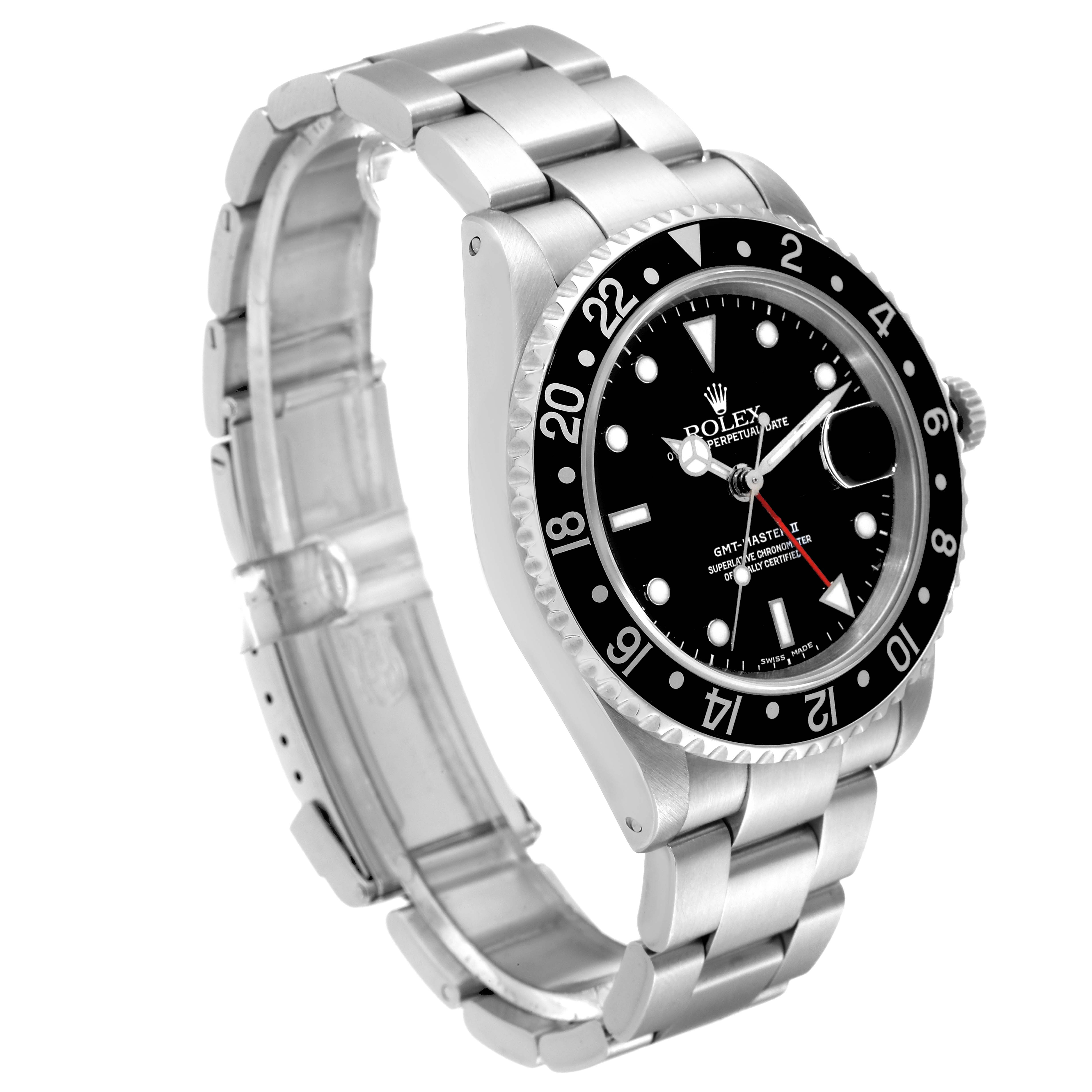 The image shows a side angle of the Rolex GMT-Master 16710 Men
s Stainless Steel Black Dial 16710 Men
s Stainless Steel Black Dial watch displaying the bezel, dial, and part of the bracelet.