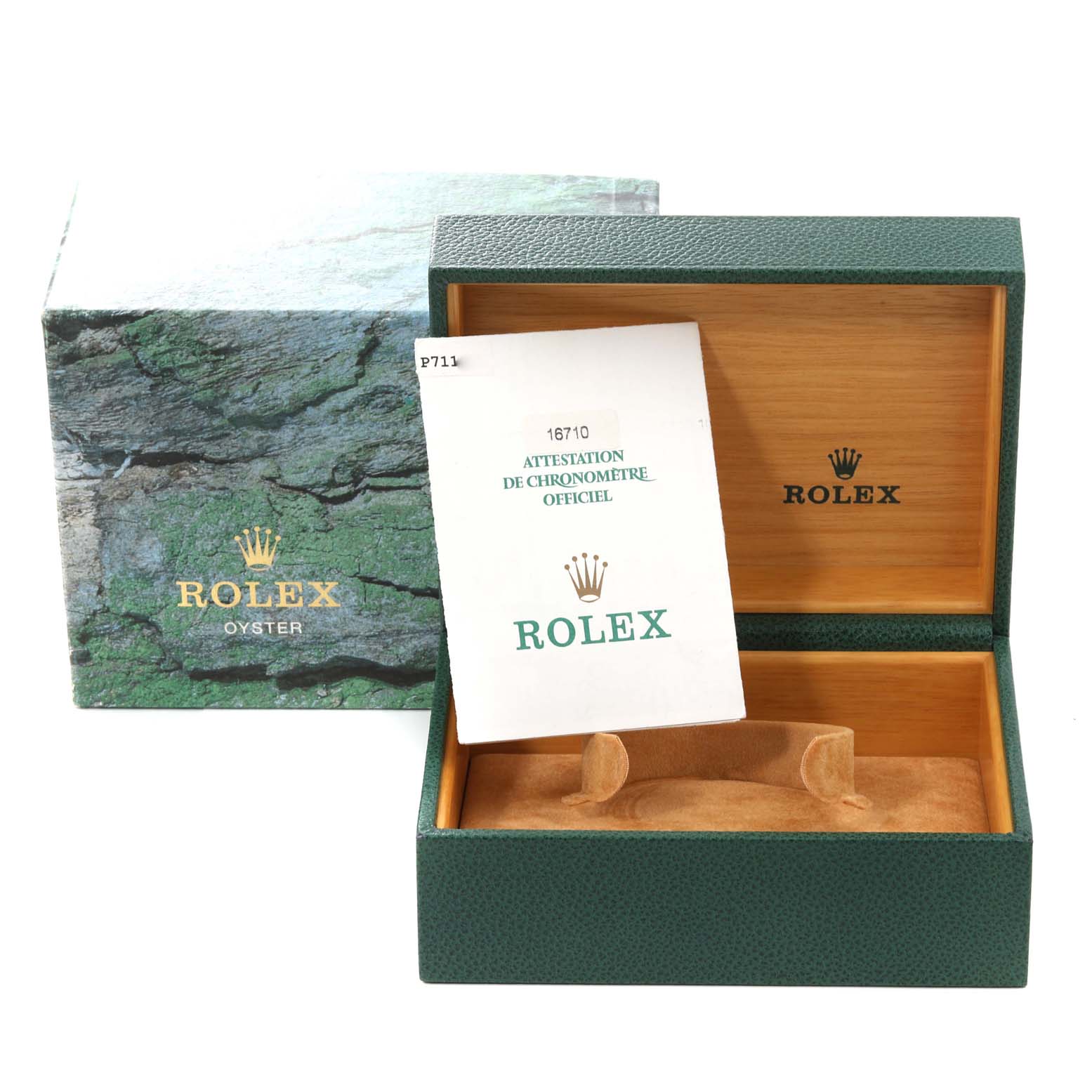 The image shows a Rolex GMT-Master 16710 Men
s Stainless Steel Black Dial 16710 Men
s Stainless Steel Black Dial box and an official chronometer certificate at a front angle.