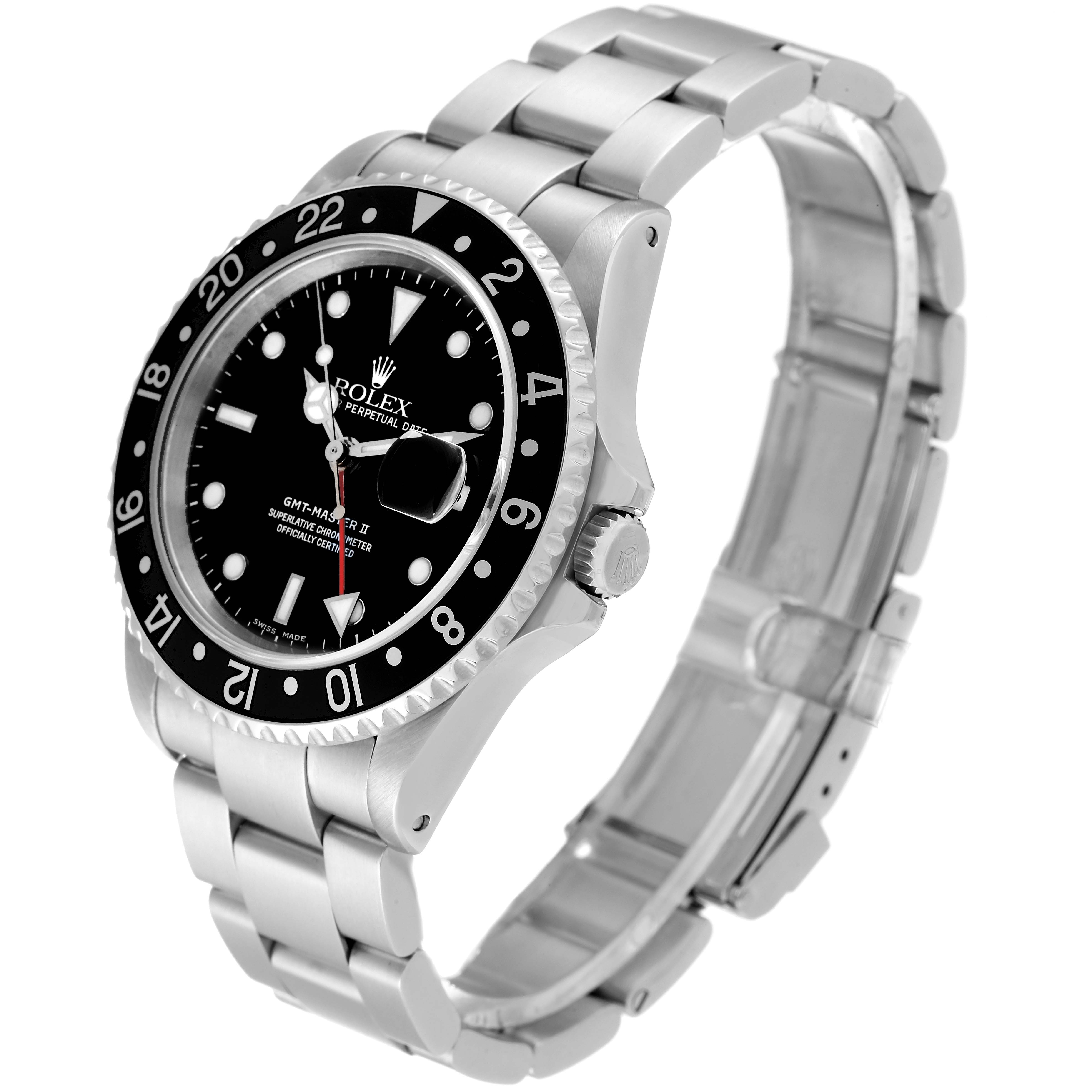 A Rolex GMT-Master 16710 Men
s Stainless Steel Black Dial 16710 Men
s Stainless Steel Black Dial watch is shown from a three-quarter angle highlighting the black dial, bezel, and metal bracelet.