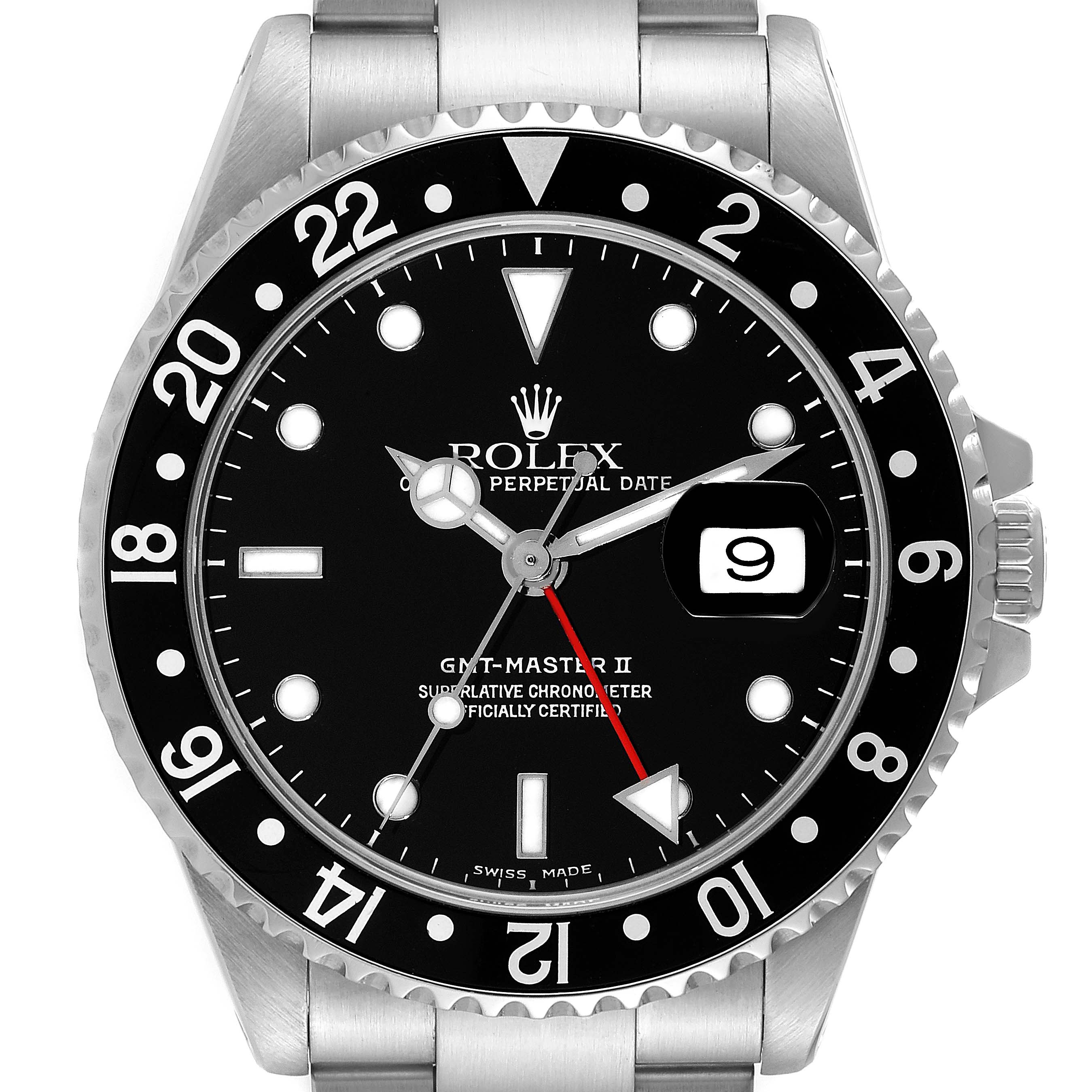 The image shows a front view of the Rolex GMT-Master 16710 Men
s Stainless Steel Black Dial 16710 Men
s Stainless Steel Black Dial II watch, highlighting the dial, bezel, and bracelet.