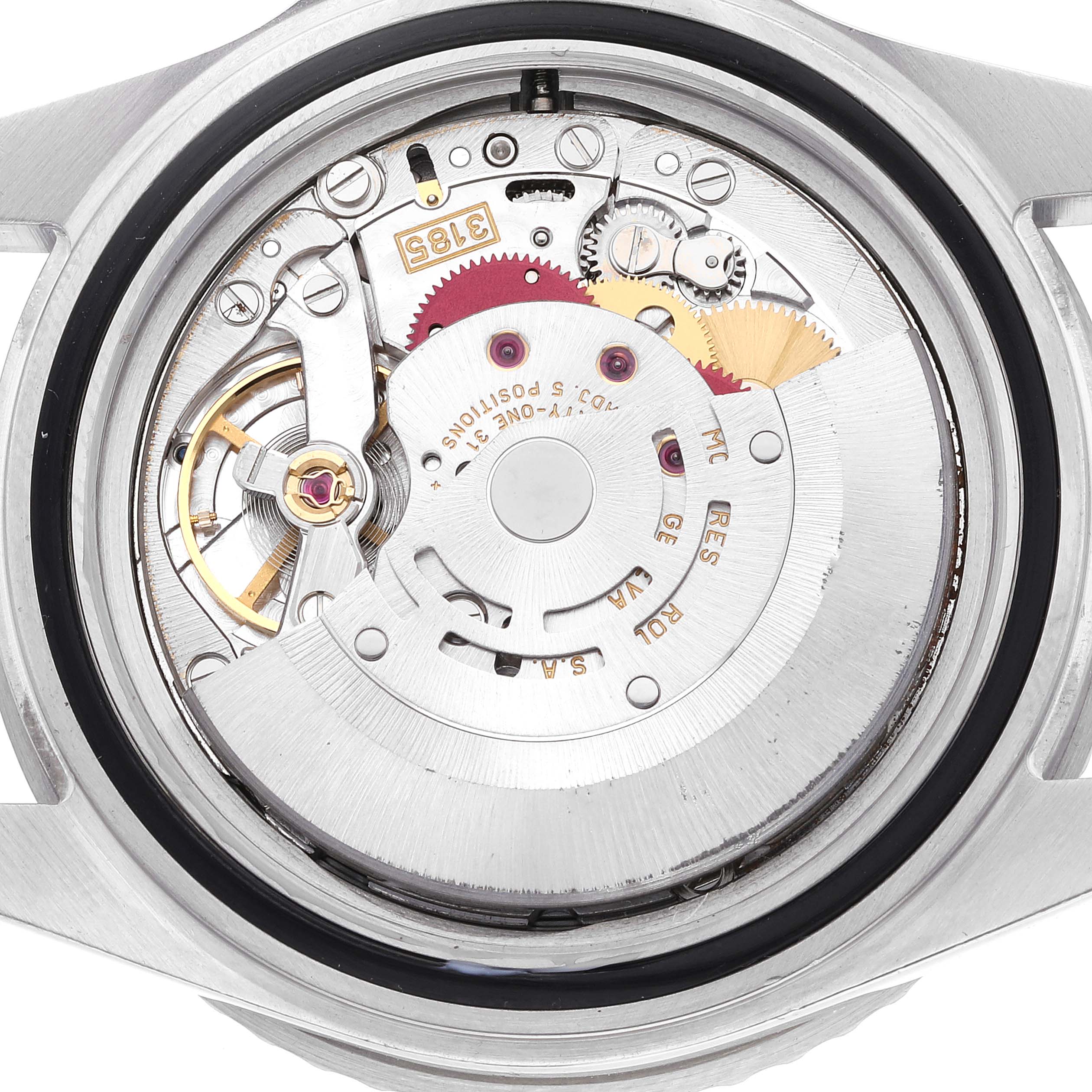 The image shows the inner mechanics and movement of the Rolex GMT-Master 16710 Men
s Stainless Steel Black Dial 16710 Men
s Stainless Steel Black Dial watch from a back view angle.