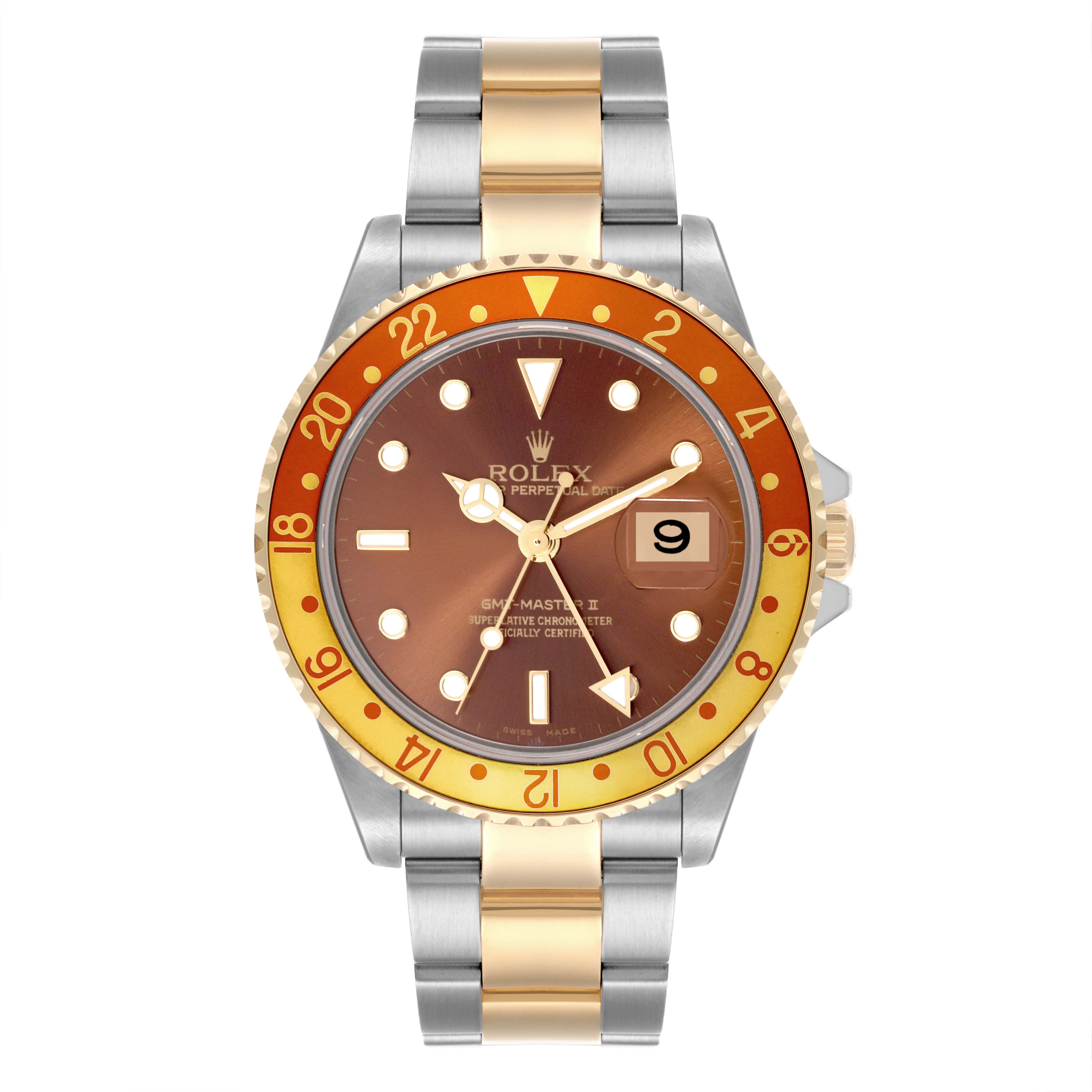 The Rolex GMT-Master 16713 Men's Steel and Gold (two tone) Brown Dial 16713 Men's Steel and Gold (two tone) Brown Dial watch is shown from a front view, displaying the dial, bezel, and full bracelet.