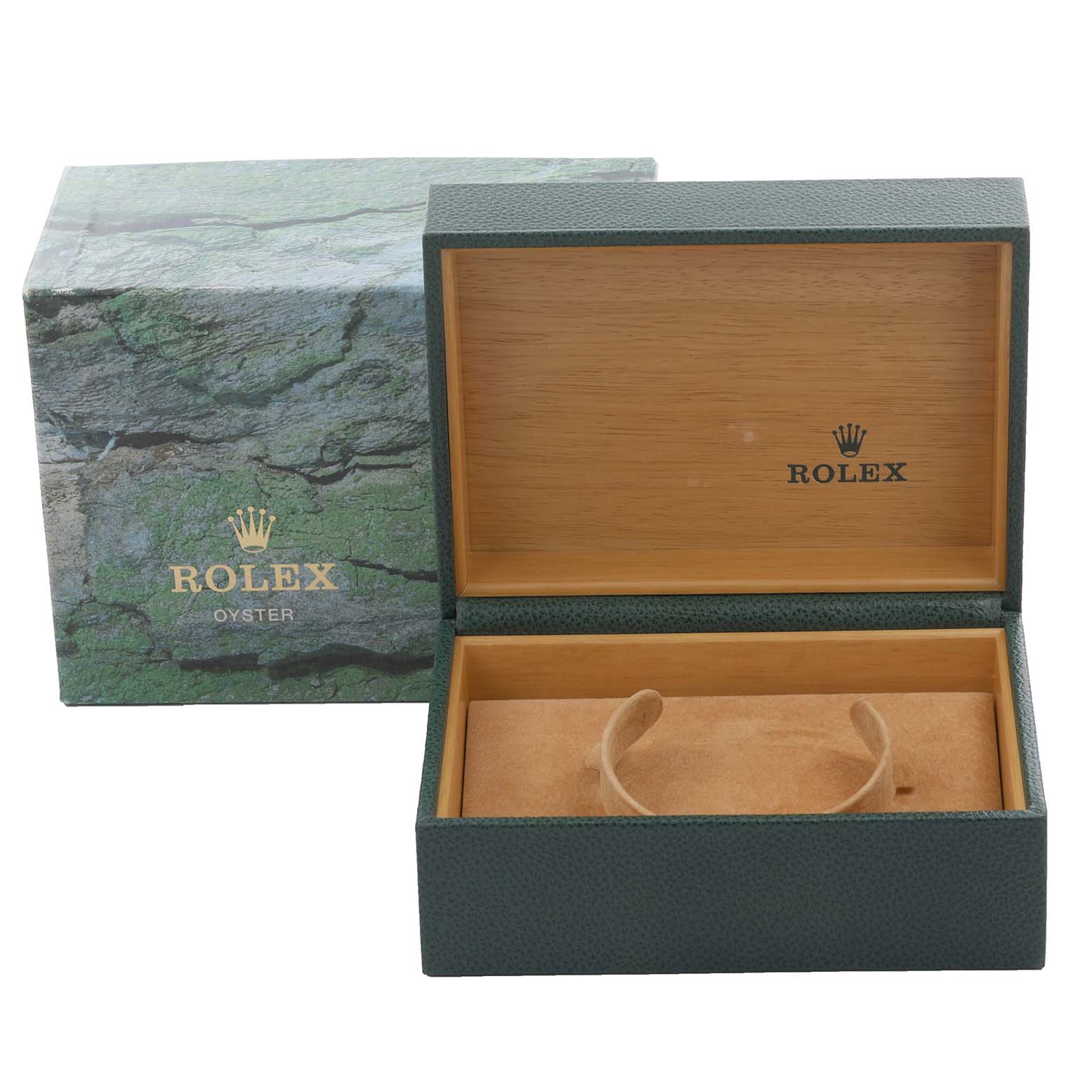 The image shows the open box for a Rolex GMT-Master 16713 Men's Steel and Gold (two tone) Brown Dial 16713 Men's Steel and Gold (two tone) Brown Dial watch, with the outer box and inner watch holder visible.