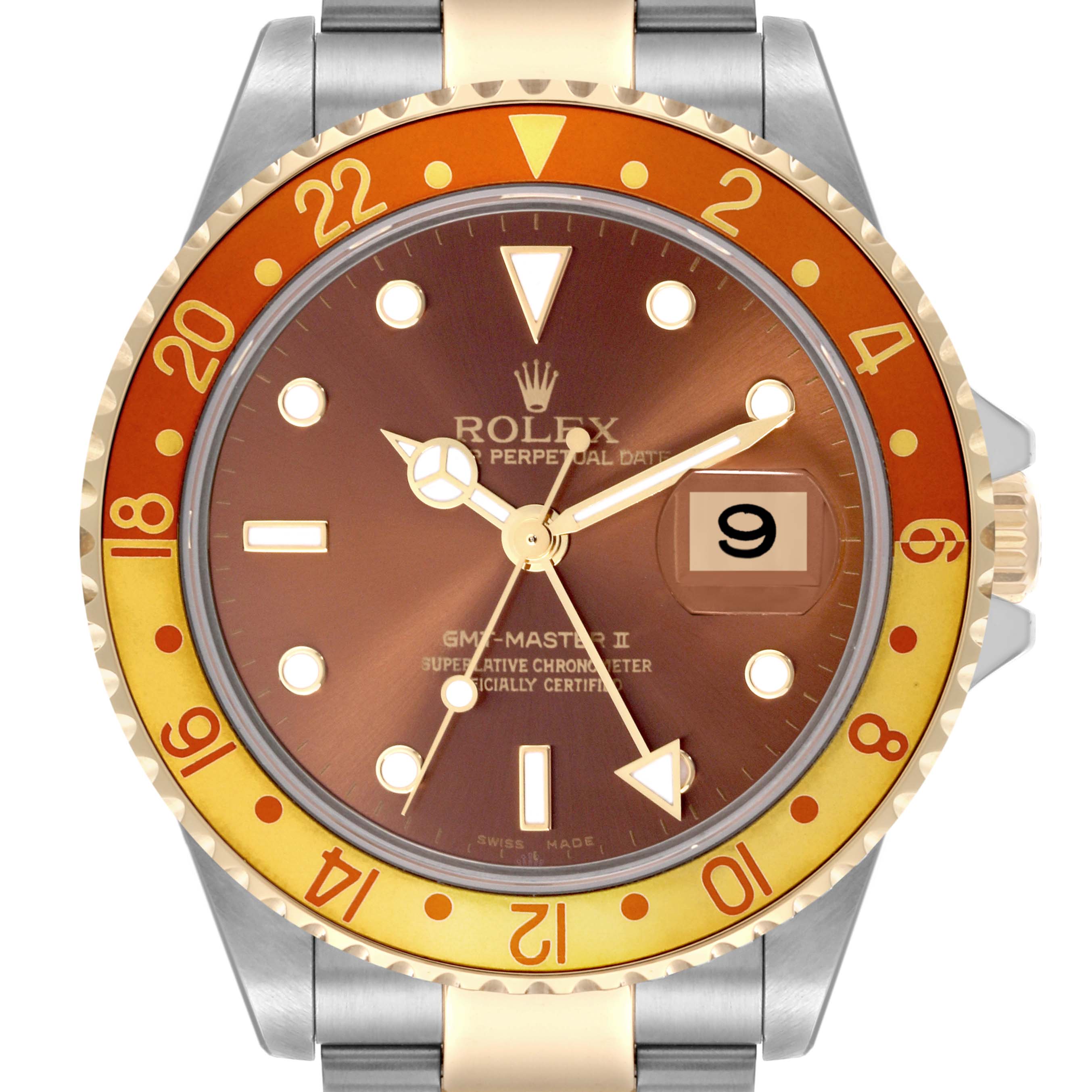 The Rolex GMT-Master 16713 Men's Steel and Gold (two tone) Brown Dial 16713 Men's Steel and Gold (two tone) Brown Dial watch is shown from a front angle displaying the dial, bezel, and part of the bracelet.