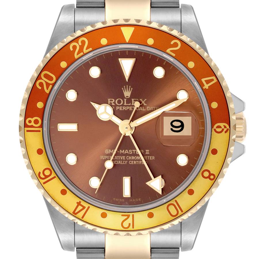 The Rolex GMT-Master watch is shown from a front angle displaying the dial, bezel, and part of the bracelet.