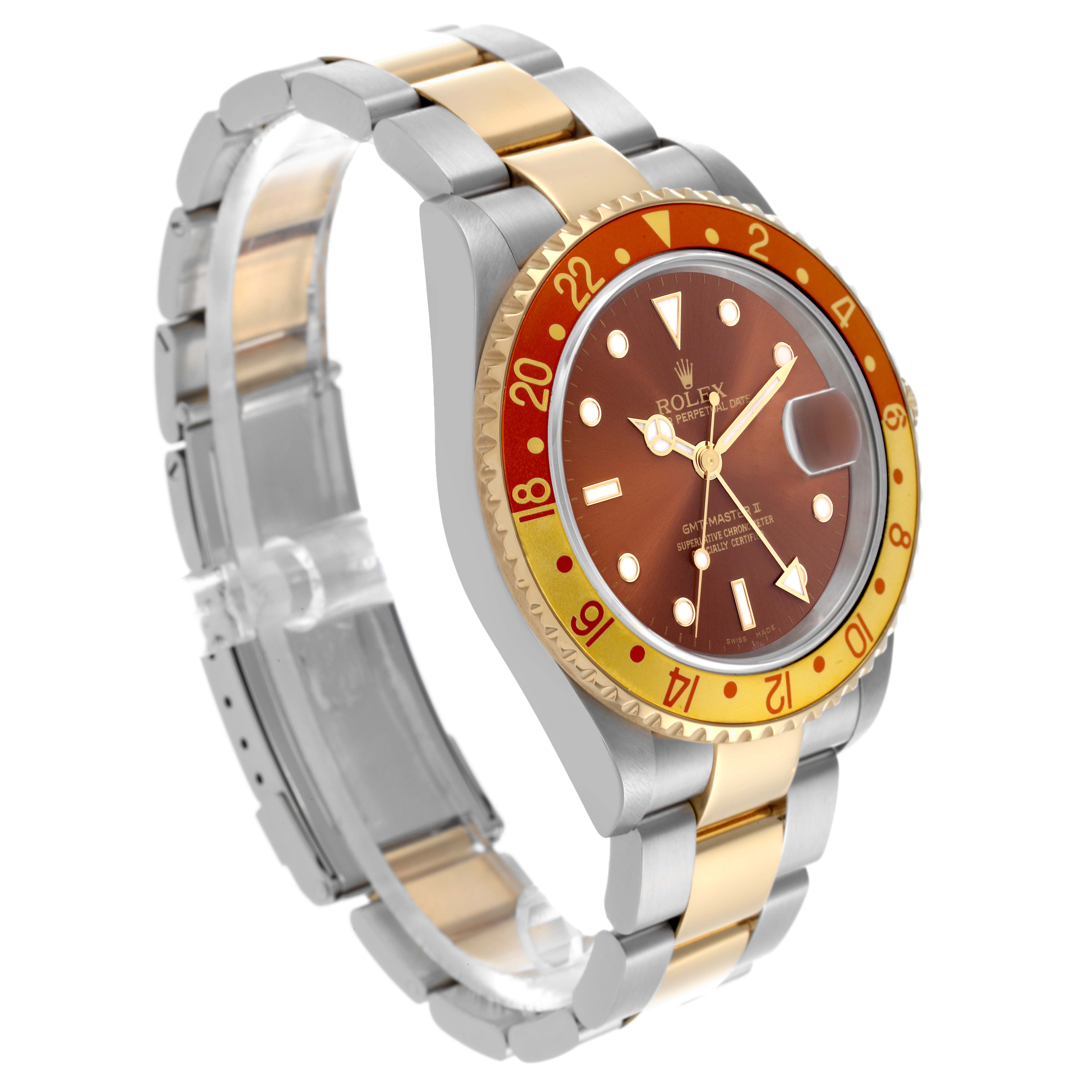 The Rolex GMT-Master 16713 Men's Steel and Gold (two tone) Brown Dial 16713 Men's Steel and Gold (two tone) Brown Dial watch is shown at a slight angle, displaying the dial, bezel, and bracelet.