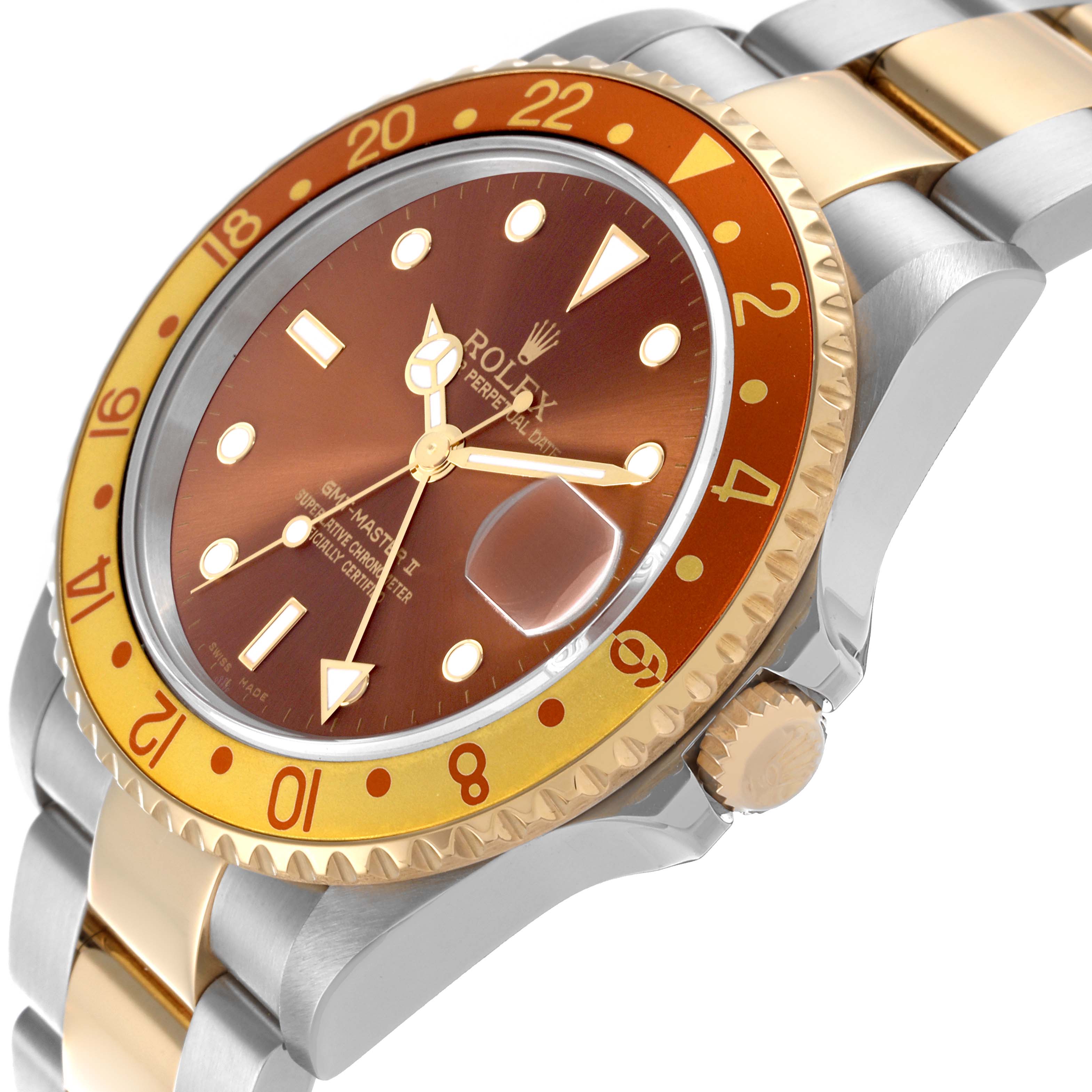The Rolex GMT-Master 16713 Men's Steel and Gold (two tone) Brown Dial 16713 Men's Steel and Gold (two tone) Brown Dial watch is shown at a side angle, highlighting the bezel, dial, crown, and part of the bracelet.