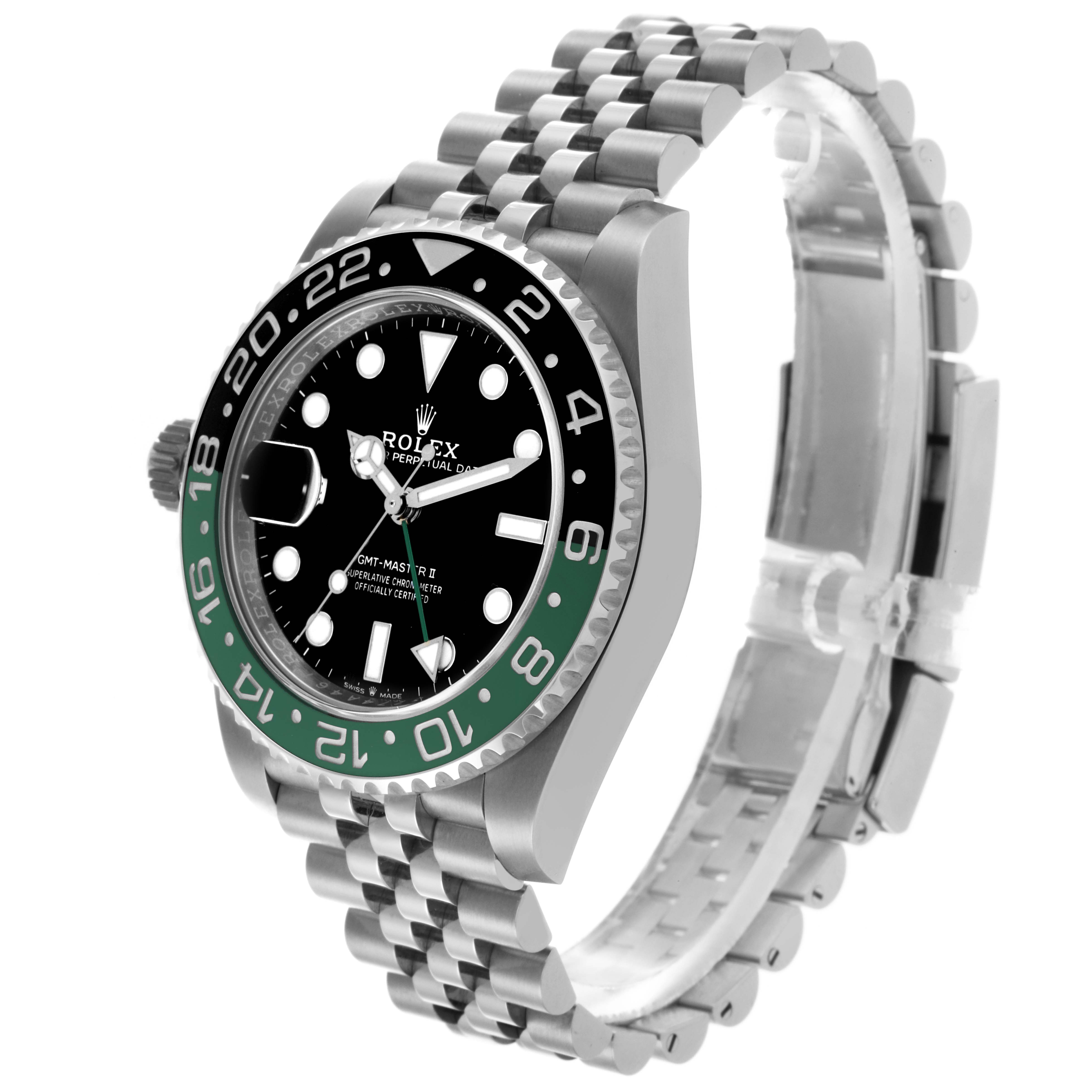 The image shows a Rolex GMT-Master 126720VTNR Men's Stainless Steel Black Dial 126720VTNR Men's Stainless Steel Black Dial watch at a three-quarter angle, highlighting the bezel, face, and Jubilee bracelet.