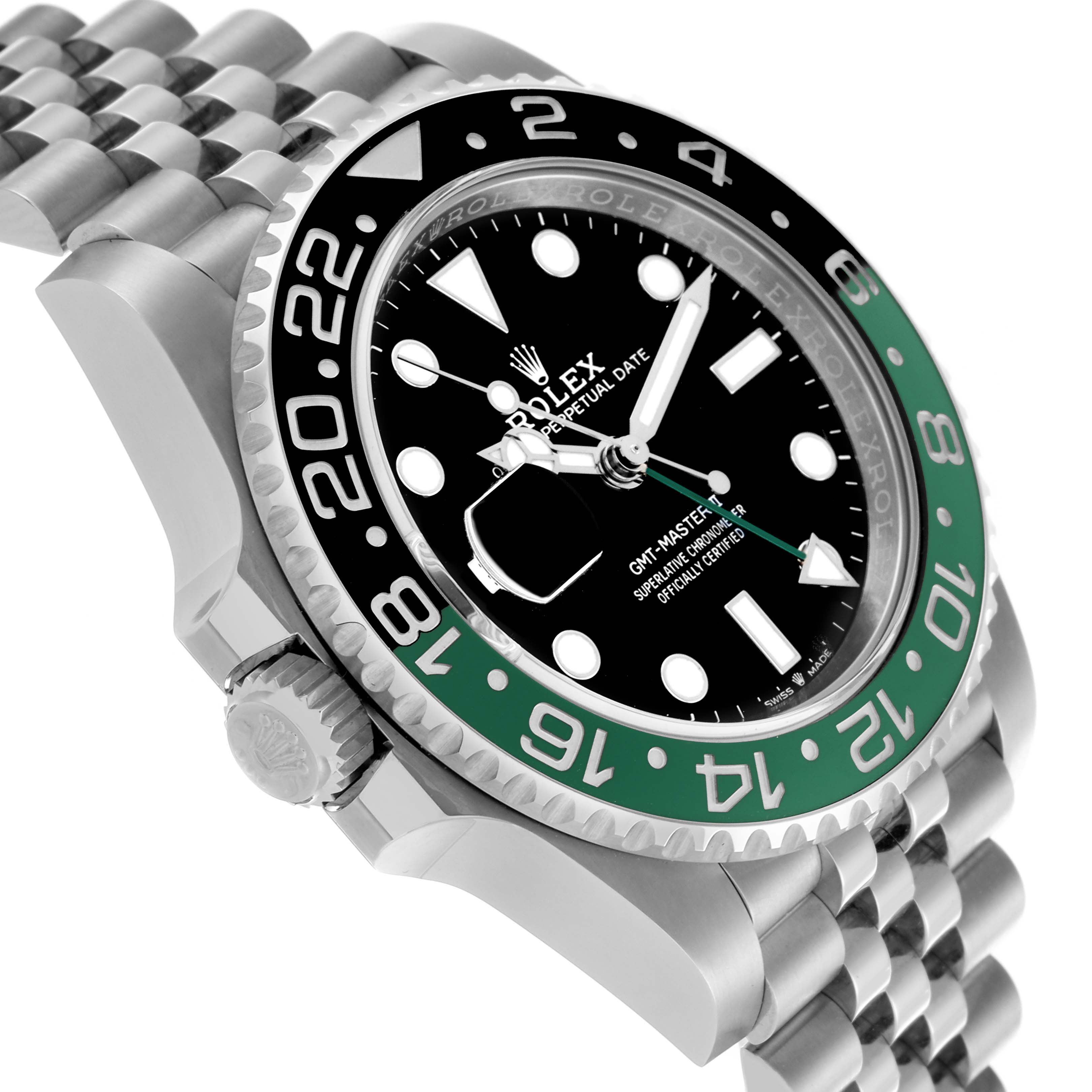 The Rolex GMT-Master 126720VTNR Men's Stainless Steel Black Dial 126720VTNR Men's Stainless Steel Black Dial watch is shown from a three-quarter angle, highlighting the bezel, crown, and bracelet.