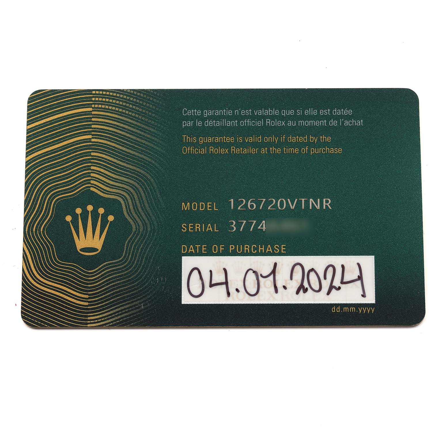 This image shows the warranty card for the Rolex GMT-Master 126720VTNR Men's Stainless Steel Black Dial 126720VTNR Men's Stainless Steel Black Dial model 126720VTNR.