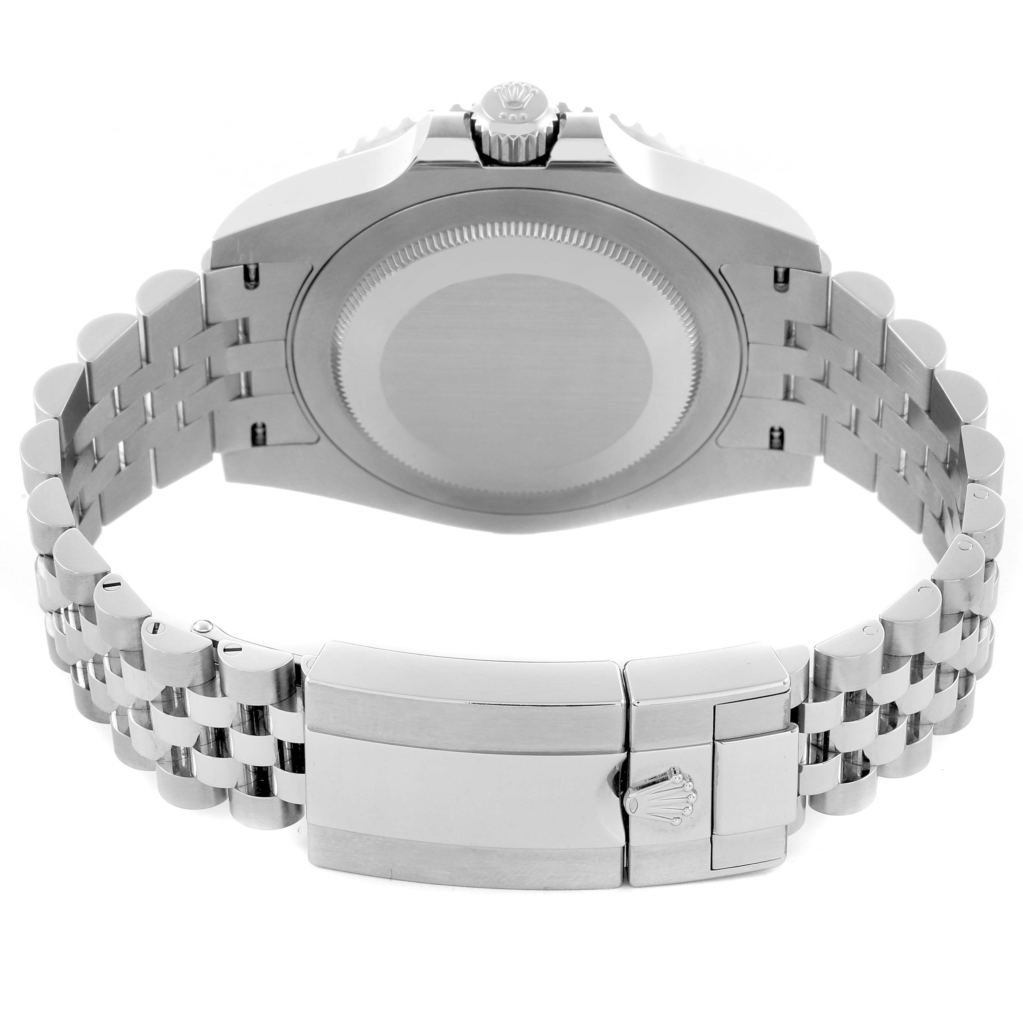 The image shows the back case and bracelet clasp of the Rolex GMT-Master 126720VTNR Men's Stainless Steel Black Dial 126720VTNR Men's Stainless Steel Black Dial watch, featuring the Jubilee bracelet.