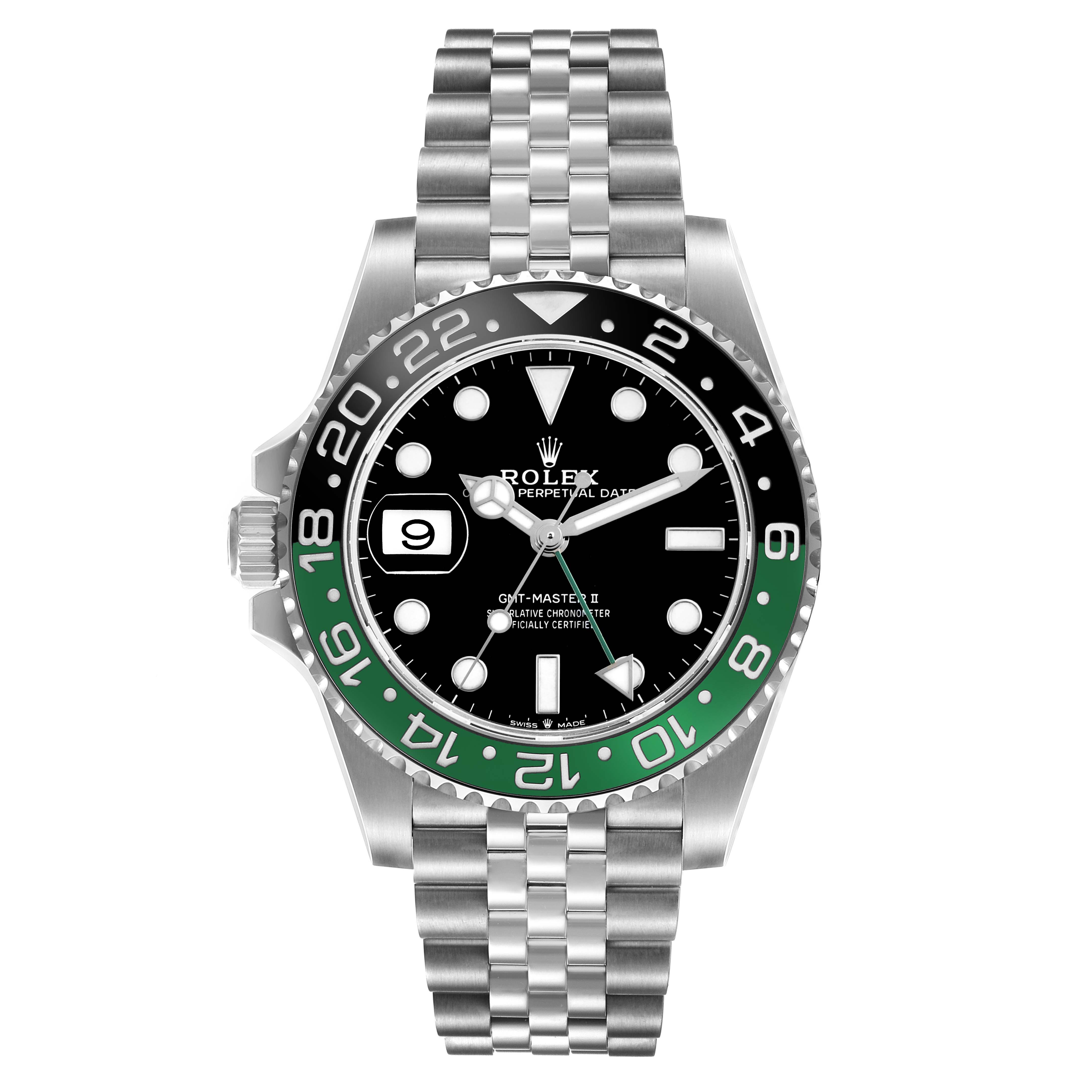 The Rolex GMT-Master 126720VTNR Men's Stainless Steel Black Dial 126720VTNR Men's Stainless Steel Black Dial watch is shown from the front, highlighting the bezel, dial, hands, and bracelet.