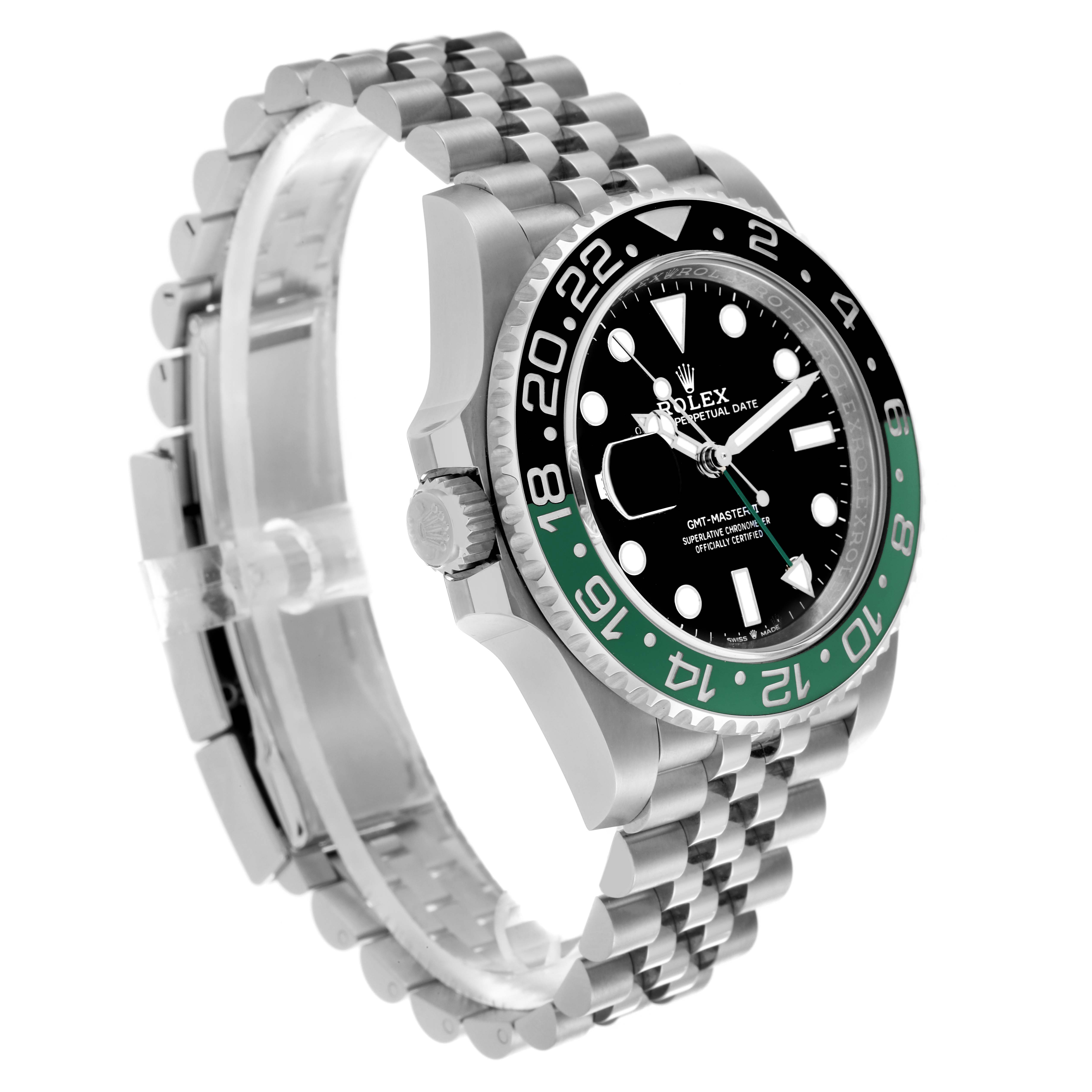 The Rolex GMT-Master 126720VTNR Men's Stainless Steel Black Dial 126720VTNR Men's Stainless Steel Black Dial watch is shown at a side angle, highlighting the bezel, face, and bracelet.