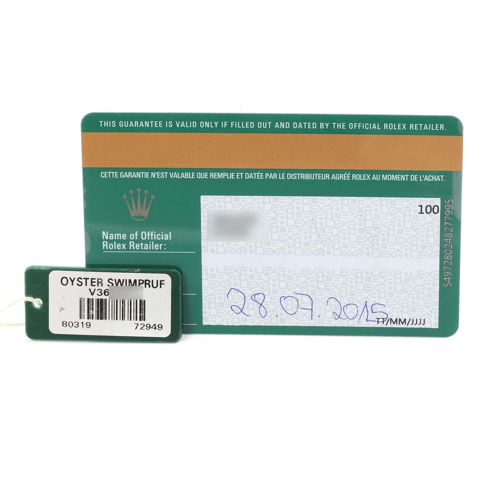 The image shows a Rolex Pearlmaster 80319 Women
s White Gold Mother of Pearl Dial 80319 Women
s White Gold Mother of Pearl Dial guarantee card and an Oyster Swimpruf tag from a front angle.