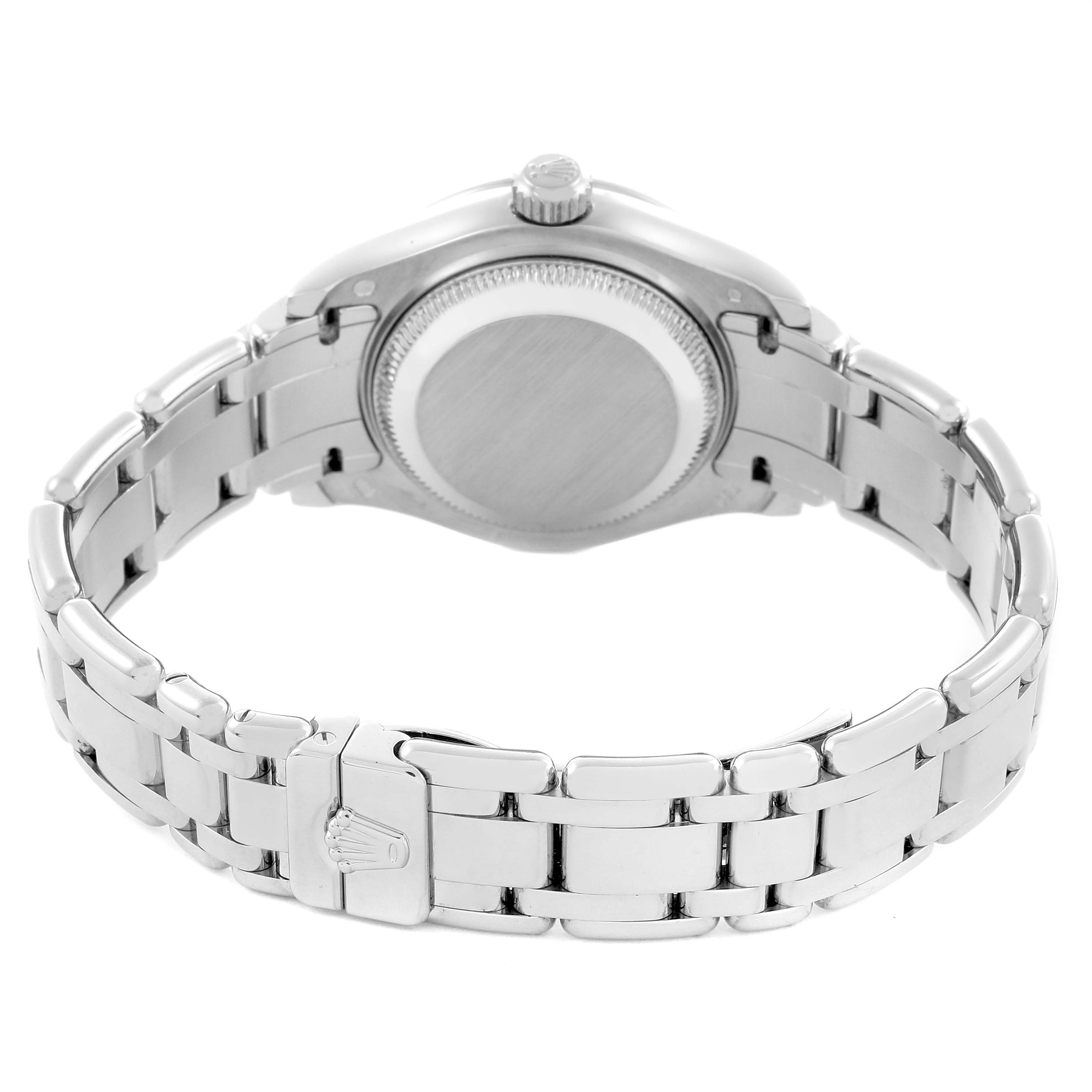 The image shows the back and clasp of the Rolex Pearlmaster 80319 Women
s White Gold Mother of Pearl Dial 80319 Women
s White Gold Mother of Pearl Dial, highlighting the bracelet and caseback.