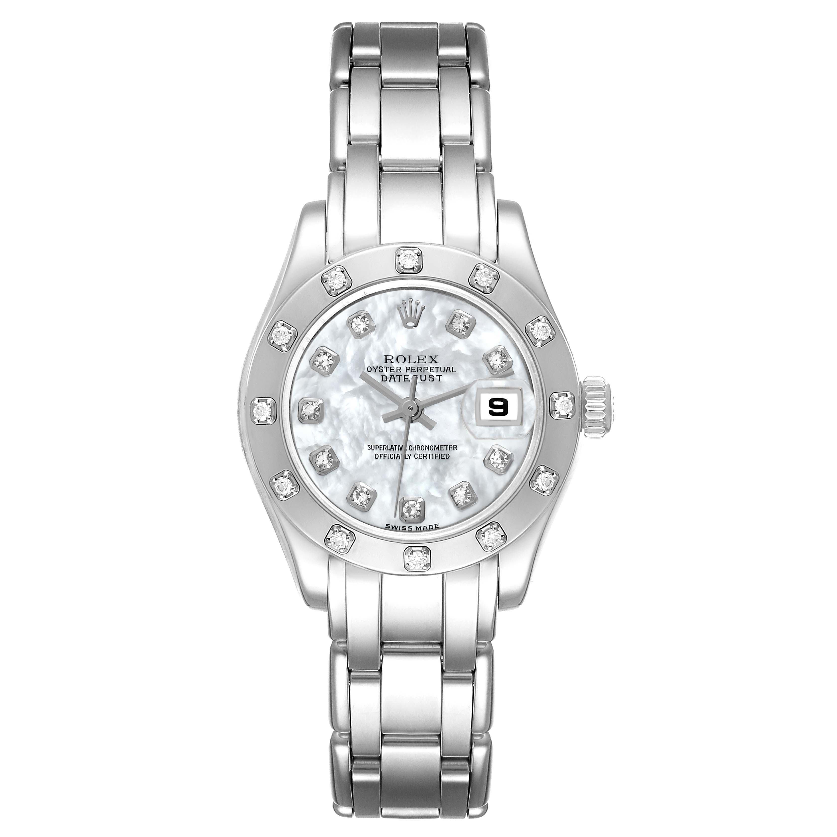 The Rolex Pearlmaster 80319 Women
s White Gold Mother of Pearl Dial 80319 Women
s White Gold Mother of Pearl Dial watch is shown from the front, displaying its face, bezel, and bracelet.