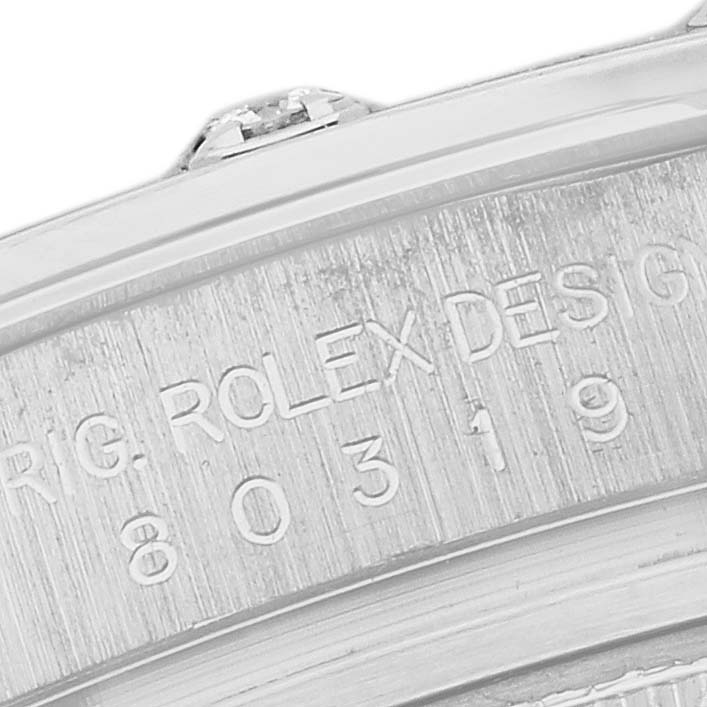The image shows a close-up of the Rolex Pearlmaster 80319 Women
s White Gold Mother of Pearl Dial 80319 Women
s White Gold Mother of Pearl Dial
s engraved case side, emphasizing the model number.